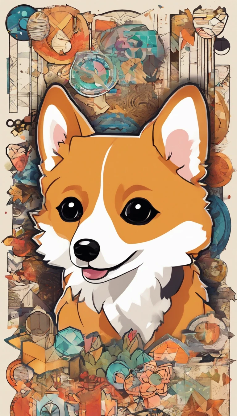 Sticker style, Anime style, tchibi, 1 Corgi, Cute corgi avatar, Geometric pattern background