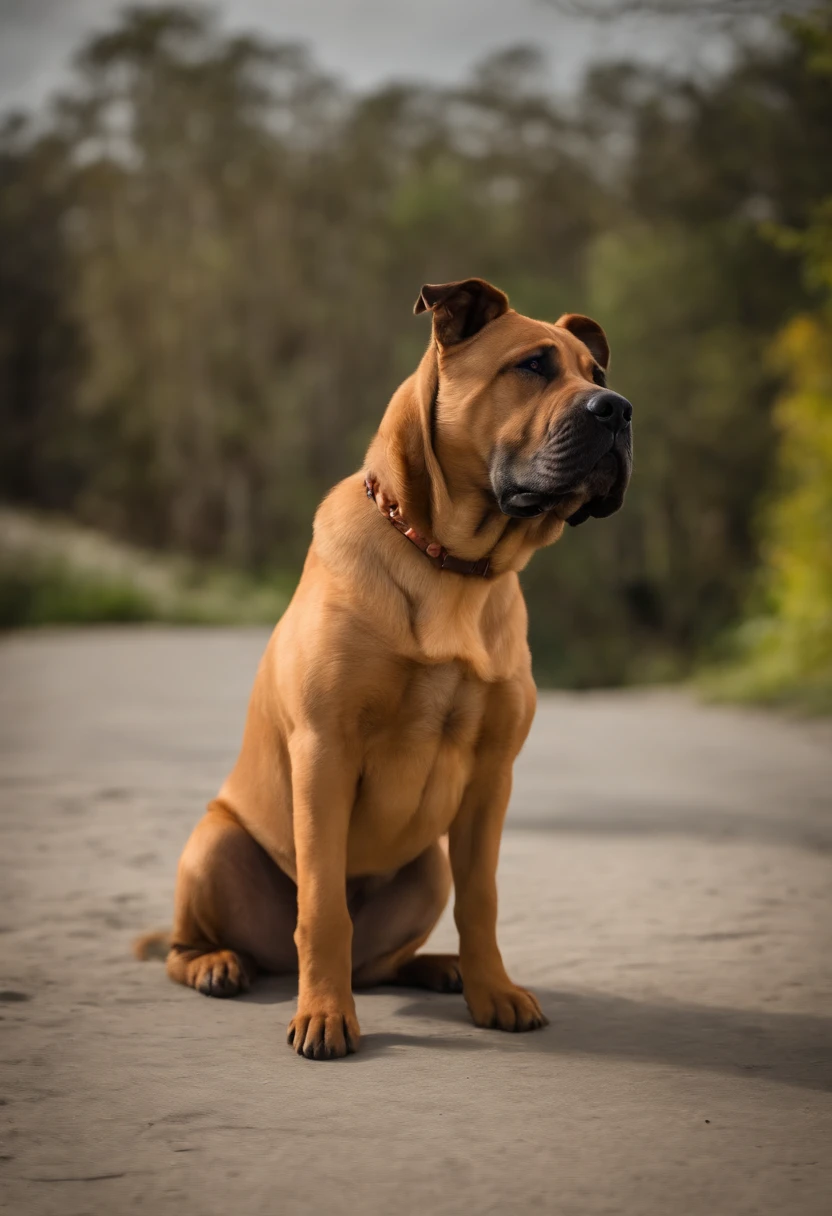 female dog, cor caramelo, medium hair, uma mistura de vira-lata com sharpei, olhando para as montanhas, estilo desenho da disney