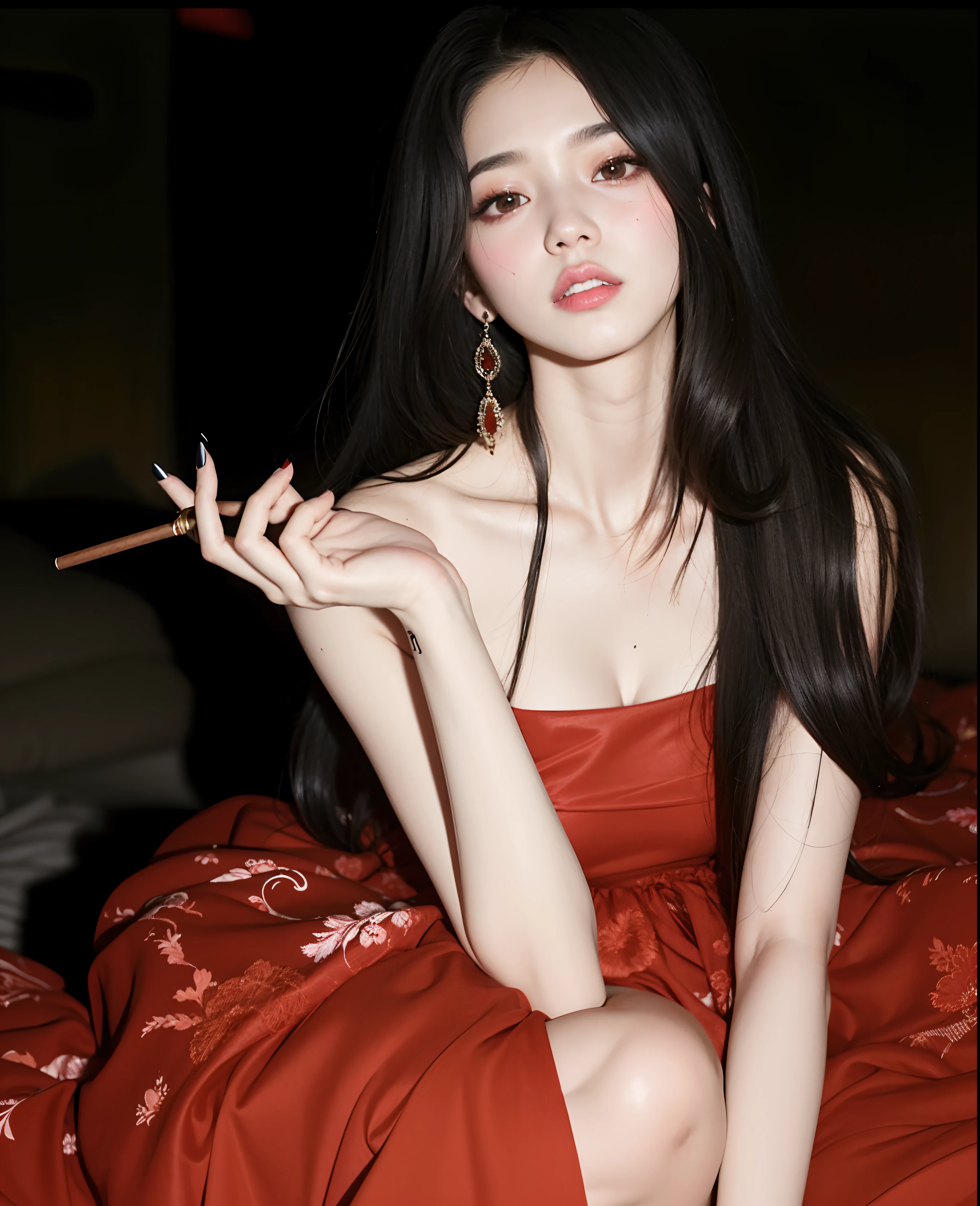 Araffe mujer en vestido rojo sentada en la cama con cigarrillo en la mano, cruel korean goth girl, Jisoo de Blackpink, Sha Xi, Jisoo de Blackpink, Gongbi, Xilaxia de cuerpo completo, Heonhwa Choe, iu lee ji-eun as a super villain, Xision Wu, ulzzang, Retrato Jisoo Blackpink, Jiyun Chae