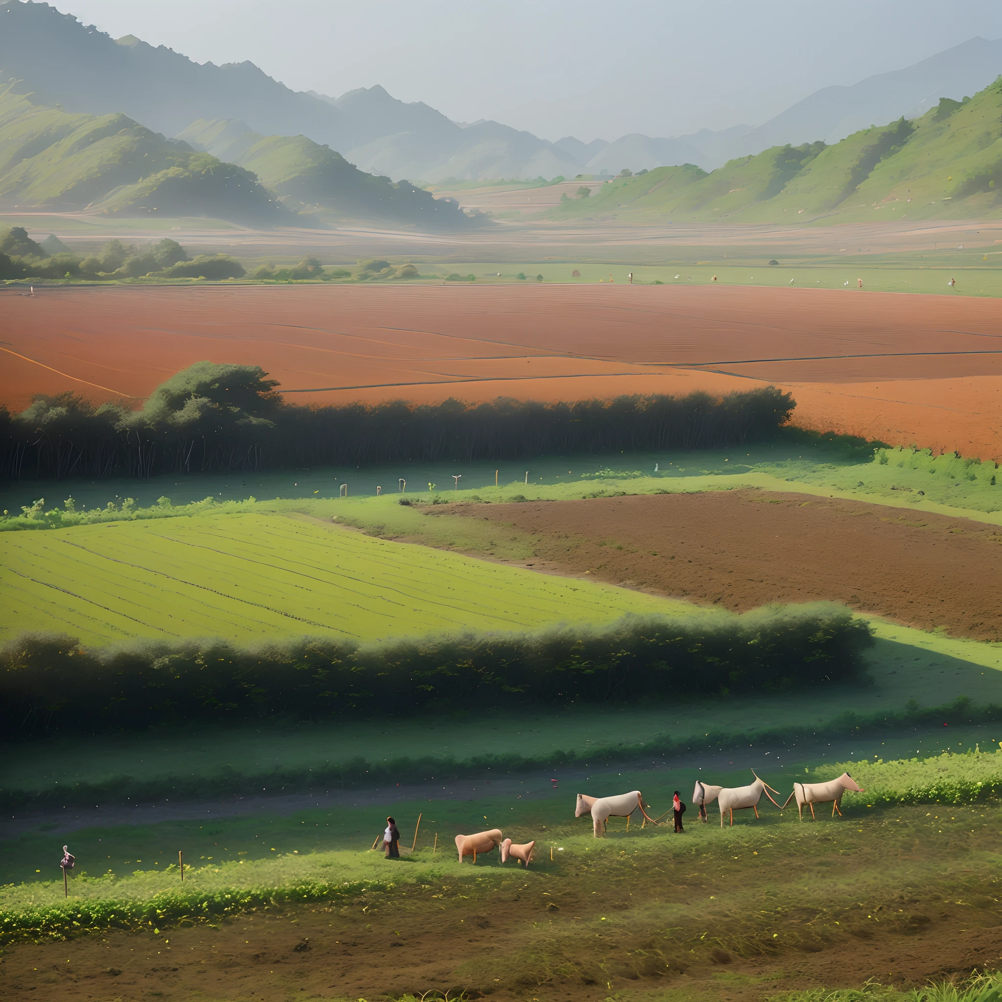 Scenery of a small Zhuang village,People sing and dance,Scenes of daily life such as ploughing fields and weaving。