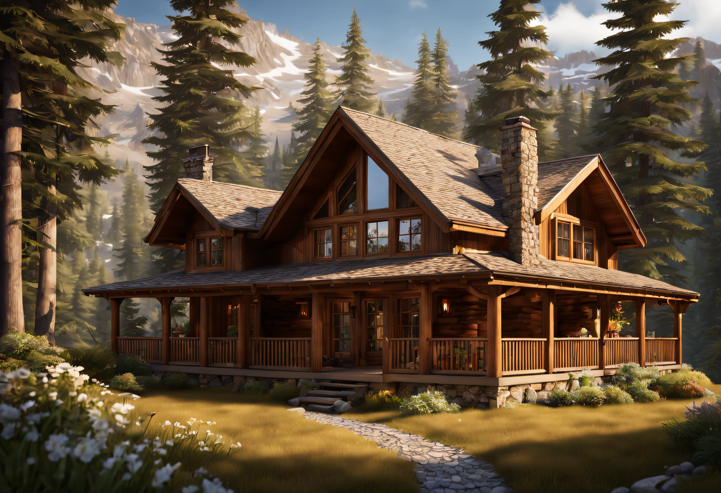 (best quality,4k,8k,highres,masterpiece:1.2),ultra-detailed,(realistic,photorealistic,photo-realistic:1.37),Mountain Cabin,cozy cabin,wooden cabin surrounded by mountains,serene atmosphere,great attention to detail,peaceful setting,panoramic view of the mountains and forest,secluded location,large windows with breathtaking views,quaint and rustic design,smoke coming out of the chimney,warm and inviting ambiance,crackling fireplace,comfy furniture,soft and warm lighting,tranquil colors,natural materials,wood paneling,beautifully landscaped garden with colorful flowers and plants,clear blue sky,fresh air,gentle breeze,rustling leaves,quietude and serenity,hiking trails,nature exploration,adventure,hideaway,escape from the busy city life,perfect place for relaxation and meditation.