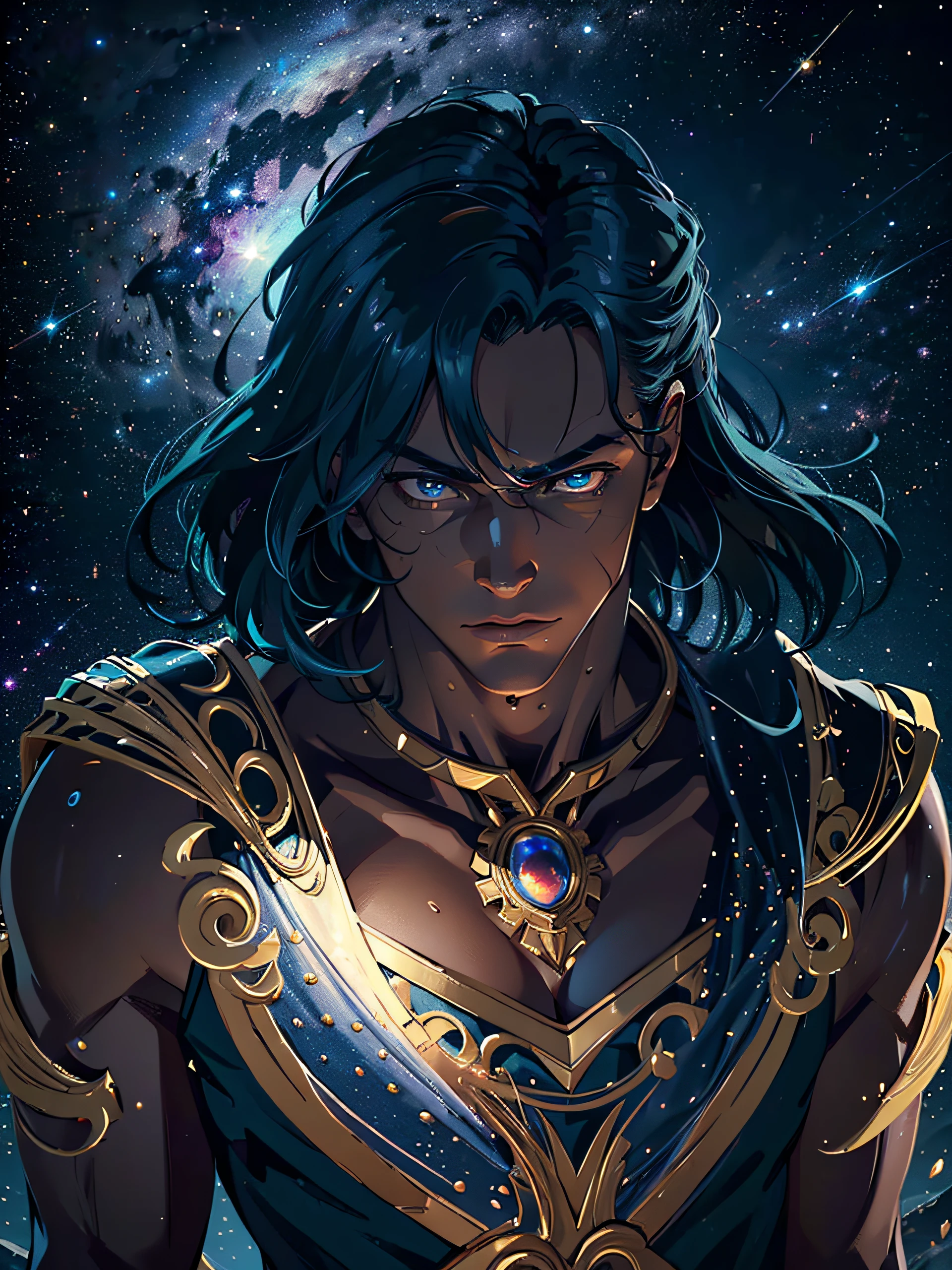 Top quality, Photorealistic, 8K, High Definition, Unity 8K wallpaper, high res, ultra sharp, masterpiece, ((masterpiece)), best quality, intricate details, expressive eyes, perfect face, detailed face, detailed eyes, masterpiece, highly detailed exquisite character art, melancholy lighting, cinematic lighting, ultra-realistic, detailed body, detailed muscles, detailed muscles, bulge, ((1male)) bodybuilder, the muscular, handsome, attractive, sexy, charming, bara, large chest, comic being, comet man, galaxy, milky way, cosmos, galaxy skin, comet hair, god of the universe, deity, on the moon., king of the universe, galaxy cape, super black skin