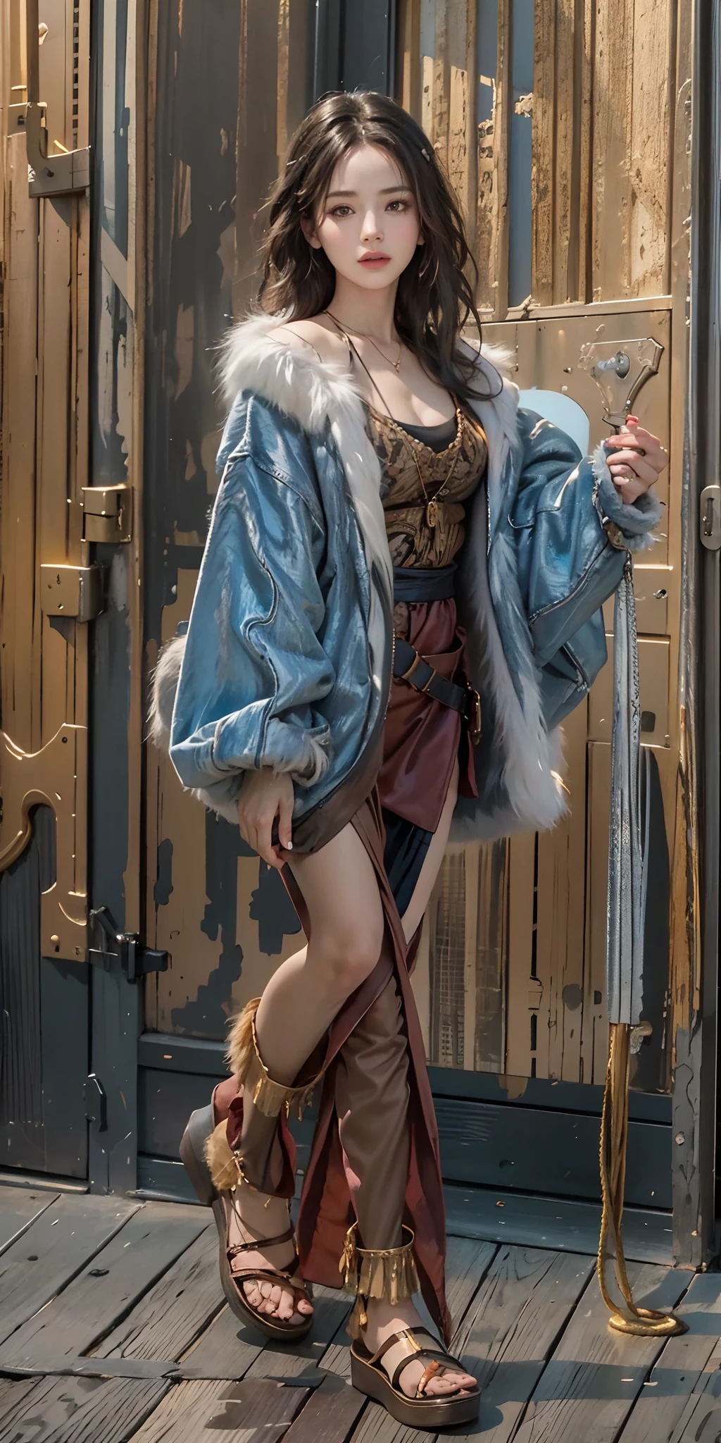 1girll, Waist up, Art by Ian Davenport,The art of Cecilie Brown, concept-art, Moody's porch [Shu Qi:jennifer lawrence:5], Wear an eclectic fur fringed top, Ruff, anklet, Makeup, Cosy, Cyclic lighting, 80mm, offcial art, Unity 8k wallpaper, Ultra detailed, Aesthetic, Masterpiece, Best quality, Photorealistic