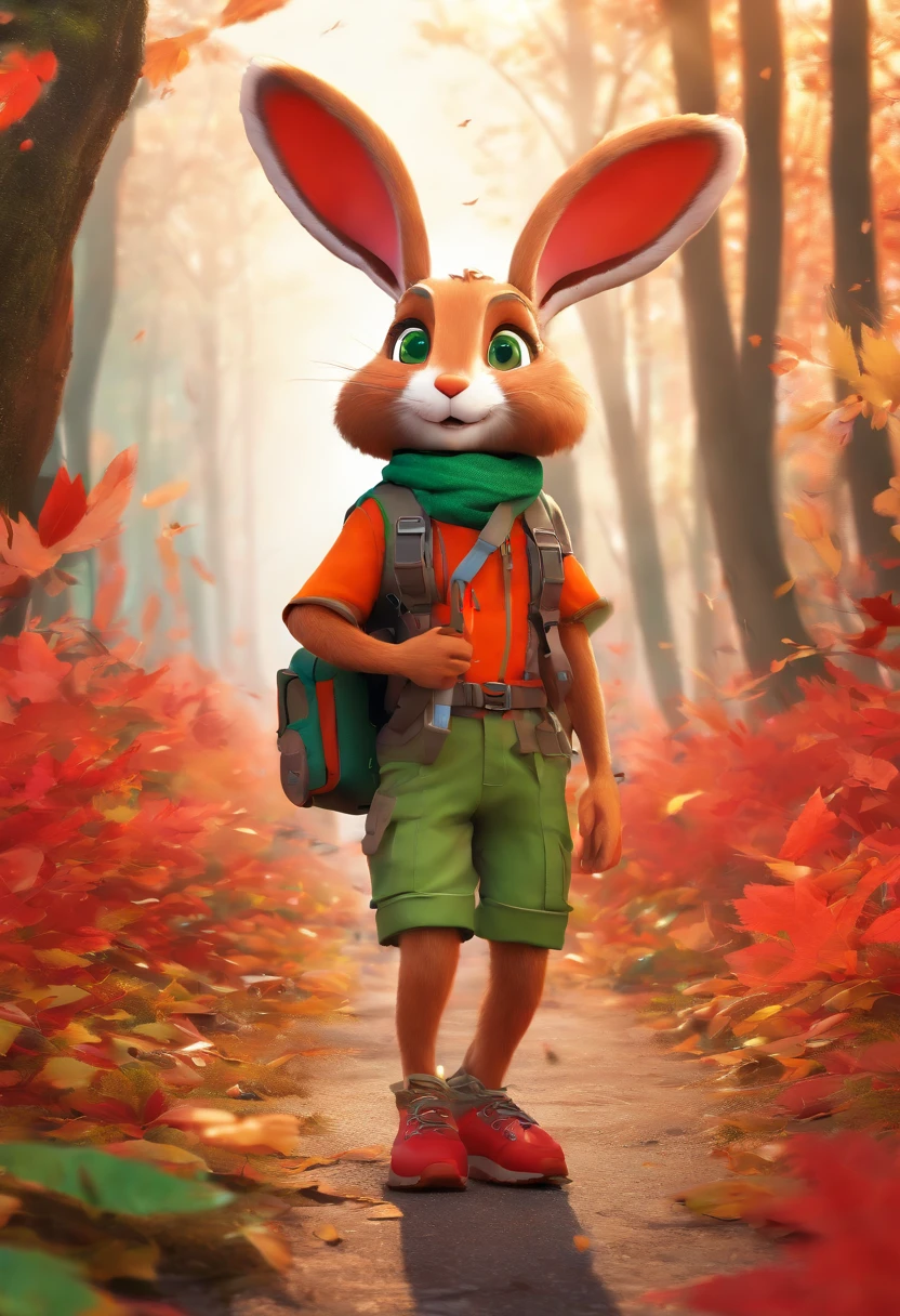 3D rendering of (A photo of an adventurous rabbit sister standing on a path between the autumn leaves), hairy, Clear and beautiful face, Big green bright eyes, （Binoculars hanging from her chest：1.37）, Sister Bunny is wearing a green fashion adventure outfit,green shorts， Red hiking boots on his feet, , cute ears, Red and green camping hats, （Stylish sunglasses：1.37）, Carry a green shoulder bag with you, trowels, camping equipment, A compass associated with many adventure tools,
Curious to explore expressions, Cartoon, 4D, Fox,
Background: Autumn Leaf Forest Trail Red Forest, autumn forest, red illuminating fog, In a red dream, really beautiful forest, Beautiful forest, Beautiful hazy wood, Red shade spray, Breathable and beautiful trees, breath-taking beautiful trees, red fog, beautiful forests and trees, Bright but dark red, red trees,{{Masterpiece}},{{{Best quality}}},{{Ultra-detailed}}, {{{illustration}}},{{Disheveled hair}},concept art of character,Game scene graph,Clear facial features,close up photograph,Photography,postapocalyptic,Masterpiece,archviz/building rendering,Quixel Megascans Render,corona rendered,rendering by octane,v-ray,High detail,hyper qualit,high resolution,trending on artstationh,hyper photorealism,surrealism,HD,8K tilt shift,Long shot,Split Lighting,
