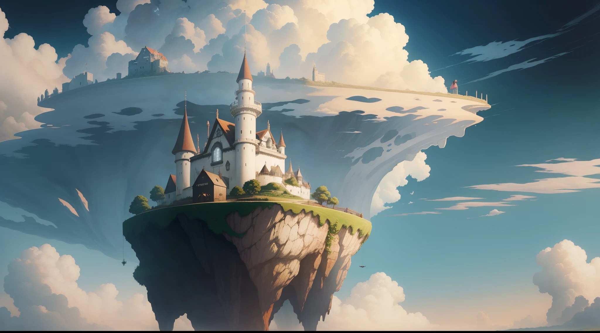 she's just a simple girl working on a farm. she lives in hard times., it's the dark ages. , crazy world, floating islands, cloud castle, (best quality:1.3), (highres:1), (detailed:1.3), (incredible:1.3), (perfect:1.3), (perfection:1.3), (volume cover art:0), (illustration:1.3), art by studio ghibli