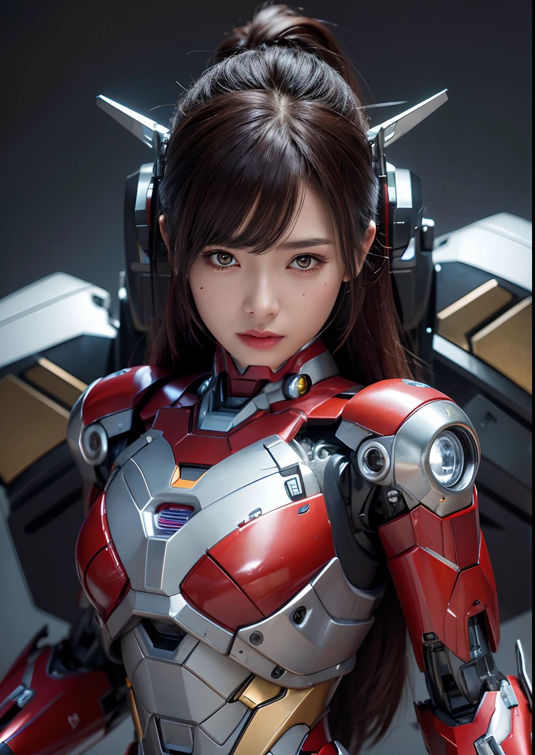 Textured skin, Super Detail, high details, High quality, Best Quality, hight resolution, 1080p, hard disk, Beautiful,(Iron Girl),beautiful cyborg woman,Mecha Cyborg Girl,Battle Mode,Girl with a Mecha Body,She wears an Iron Man mech,