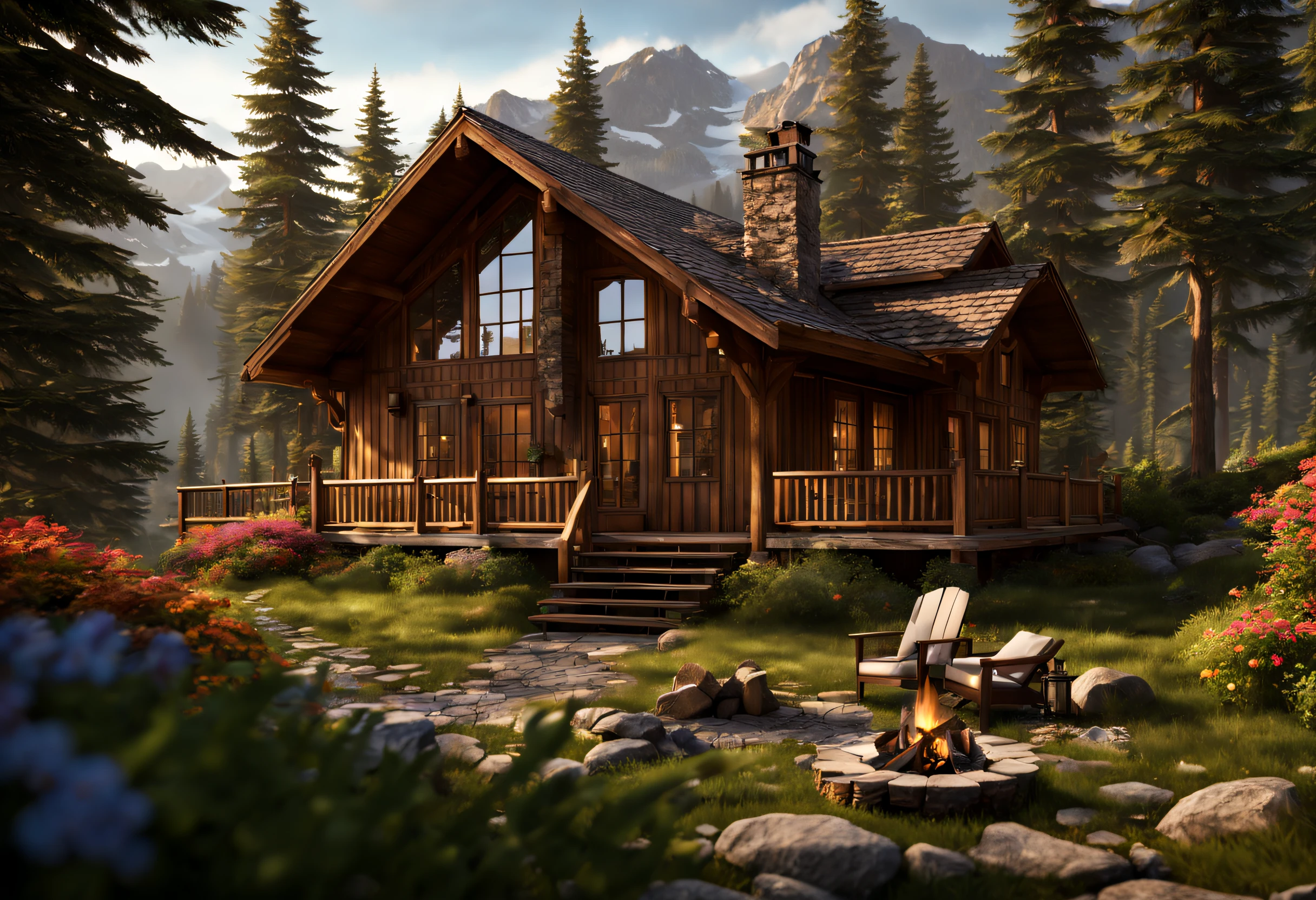 (best quality,4k,8k,highres,masterpiece:1.2),ultra-detailed,(realistic,photorealistic,photo-realistic:1.37),Mountain Cabin,cozy cabin,wooden cabin surrounded by mountains,serene atmosphere,great attention to detail,peaceful setting,panoramic view of the mountains and forest,secluded location,large windows with breathtaking views,quaint and rustic design,smoke coming out of the chimney,warm and inviting ambiance,crackling fireplace,comfy furniture,soft and warm lighting,tranquil colors,natural materials,wood paneling,beautifully landscaped garden with colorful flowers and plants,clear blue sky,fresh air,gentle breeze,rustling leaves,quietude and serenity,hiking trails,nature exploration,adventure,hideaway,escape from the busy city life,perfect place for relaxation and meditation.