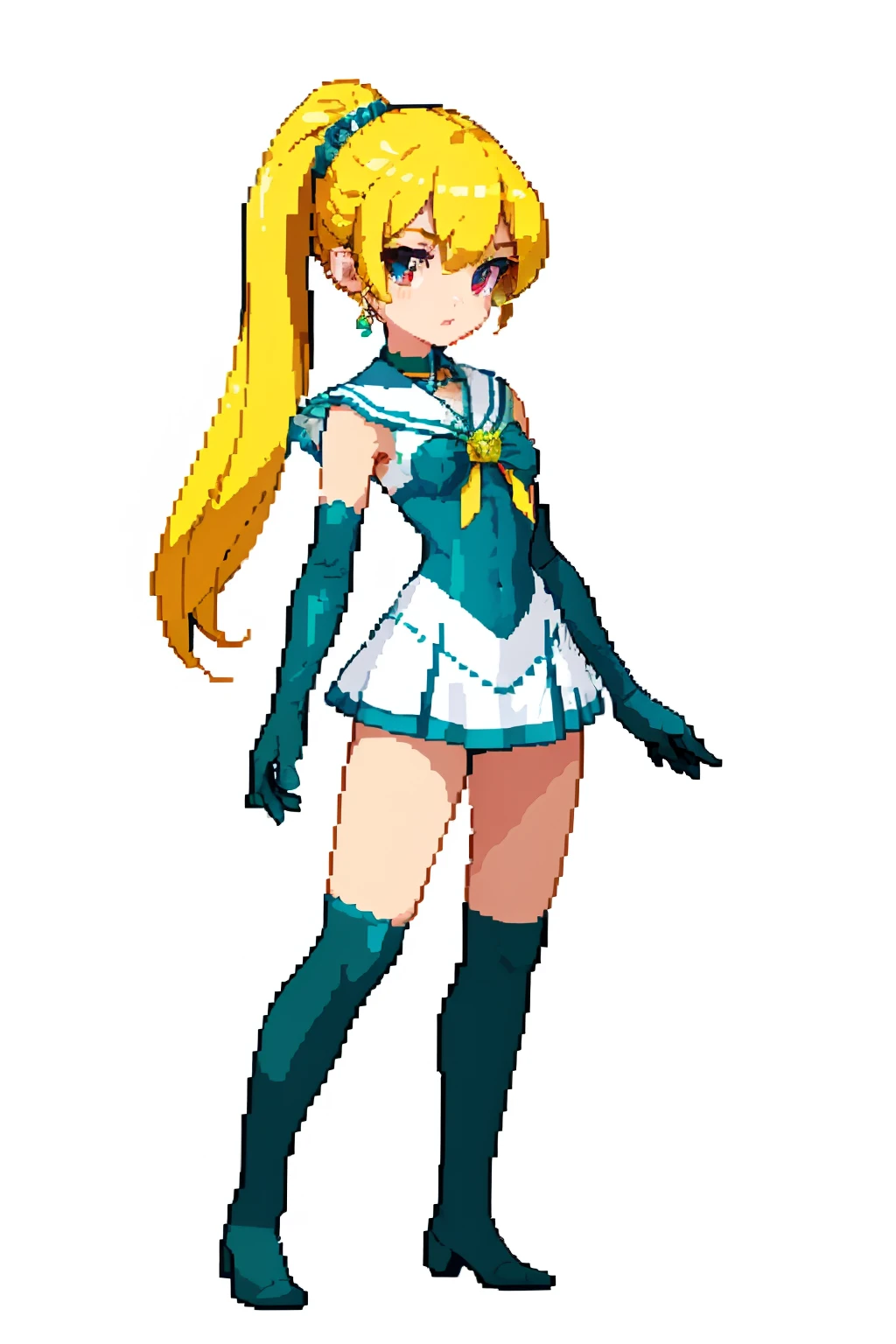 (masterpiece、top-quality、top-quality)、pixels、Pixel art、女の子1人、Cool Beauty,garterbelts,clong legs, Very long blonde hair,,clong legs,Green Gemstone Necklace,Detailed chest,,Detailed pareo of lace fluttering around the waist,7th class,Sailor Senshi,Bright red eyes,See-through sailor suit combat suit,Forehead Accessories,magical girl,Pure white embroidered silk leotard,Grey Slit Ultra Mini Skirt,Hanging eyes,,long pony tail,Large bangles with green gemstones,Sexy knee socks,Pure White Detail Knee High Boots,With a big magic wand