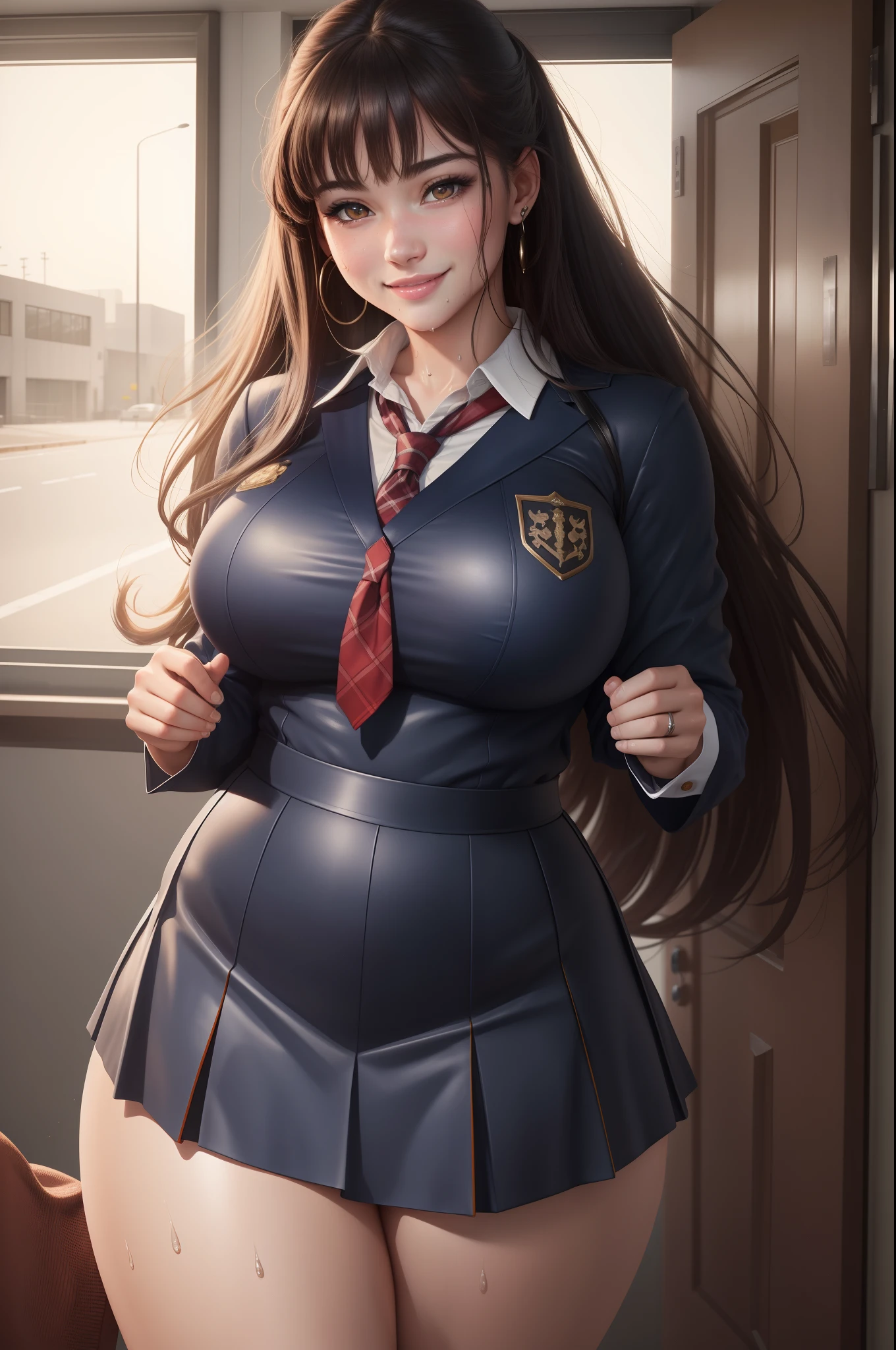 (8K), (Best Quality: 1.2), (Realistic), (Photorealistic: 1.37), Ultra High Definition, 1 Girl, Cute, Smile, Closed Mouth, Beautiful Details, Beautiful Nose, Full Body, Wet Hair, Colossal Dalsefo, Pork, School Uniform, Thighs