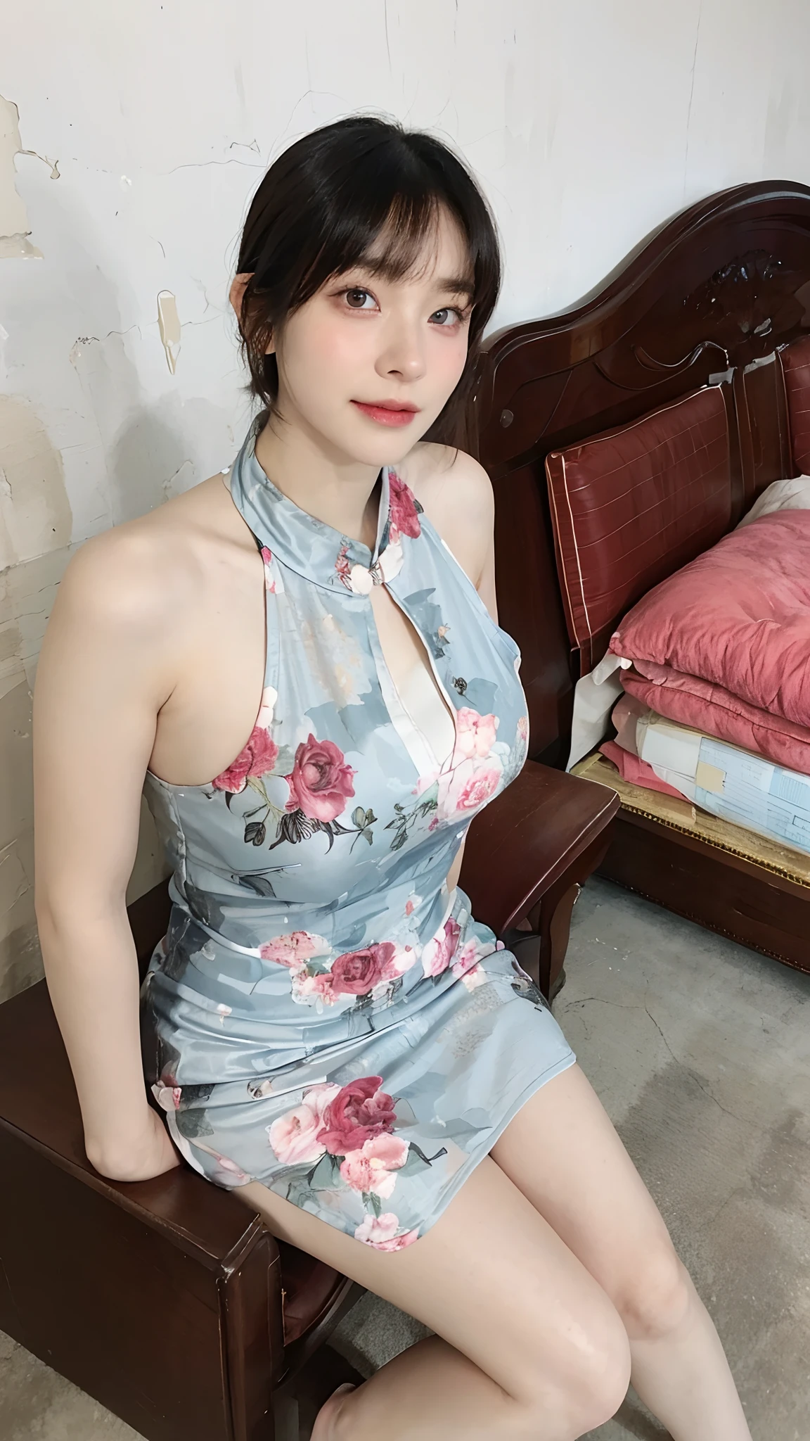 Top quality, Masterpiece, 超高分辨率, (Realistic, : 1.4), Original photo, (True skin texture: 1.3), (filmgrain: 1.3), in a panoramic view, Portrait, Very wide lens, Narrow waist, cowboy lens, (bangs, Inconspicuous, Cold light,) Night, Close-up, Tears, Short hair, neck long, ears sticking out, bangs, Big eyes, Brightly Colored Eyes, In the house, Dust, Tindall effect, (Facial expression), Sitting, (hitting a wall), Crying, Frowning, (Looking down), Nervousness, Tears, smiling happily
one girl, eyes and face with beautiful details, White jabot, pink dark V, Brown eyes,