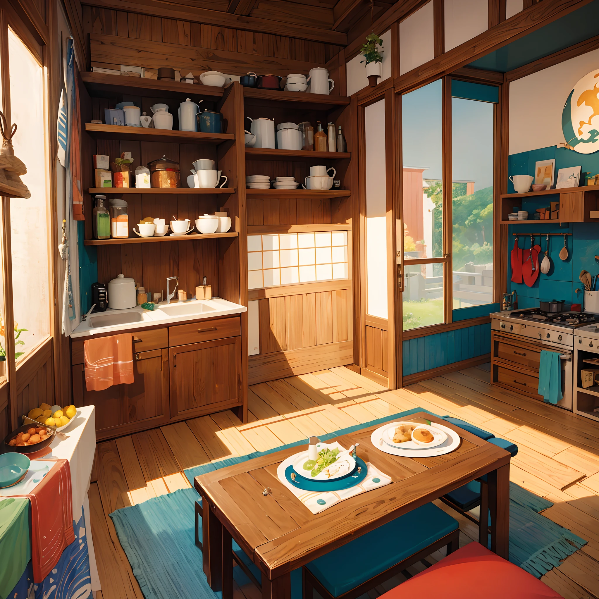 Cocina, artefactos, tazas, mesa, cocina, animado, colorido, oleo, japaneese style, anime, estilo naruto, mira al espectador, frontal, nearest, mirada de frente, acercamiento, Wider