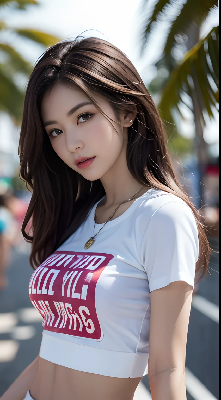 (realistic, photo-realistic:1.4), (extremely detailed 8k wallpaper), sharp focus, depth of field, blur background, detailed beautiful eyes and skin, (Image from thighs to head), Canon R5 50mm, ((Japanese idol)), large breast, Casual white T-shirt with distressed jeans, Effortless cool vibe, Urban street with graffiti walls, Skatepark sunset,