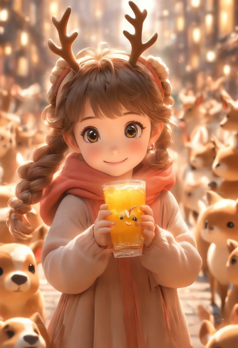 ((best quality,4k,8k,highres,masterpiece:1.2),ultra-detailed,(realistic,photorealistic,photo-realistic:1.37)),adorable Q version five-year-old girl,Ip character, wearing deer antlers, bright and clear eyes, carrying a tea-shaped bag, realistic proportions, post-processing,((orthographic perspective)), super detailed, realistic shading, glossy and delicate, clean background, 3D rendering, cute, 10 expressions,
