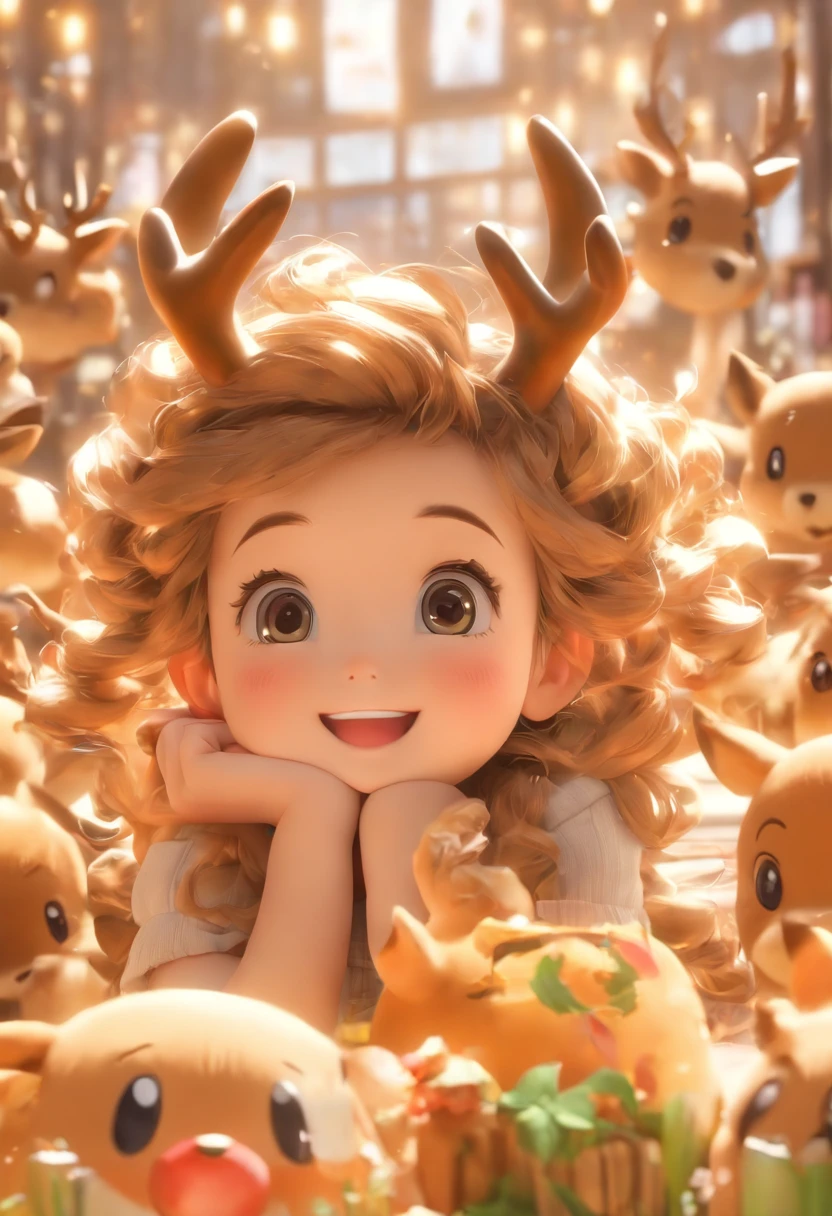 ((best quality,4k,8k,highres,masterpiece:1.2),ultra-detailed,(realistic,photorealistic,photo-realistic:1.37)),adorable Q version five-year-old girl,Ip character, wearing deer antlers, bright and clear eyes, carrying a tea-shaped bag, realistic proportions, post-processing,((orthographic perspective)), super detailed, realistic shading, glossy and delicate, clean background, 3D rendering, cute, 10 expressions,