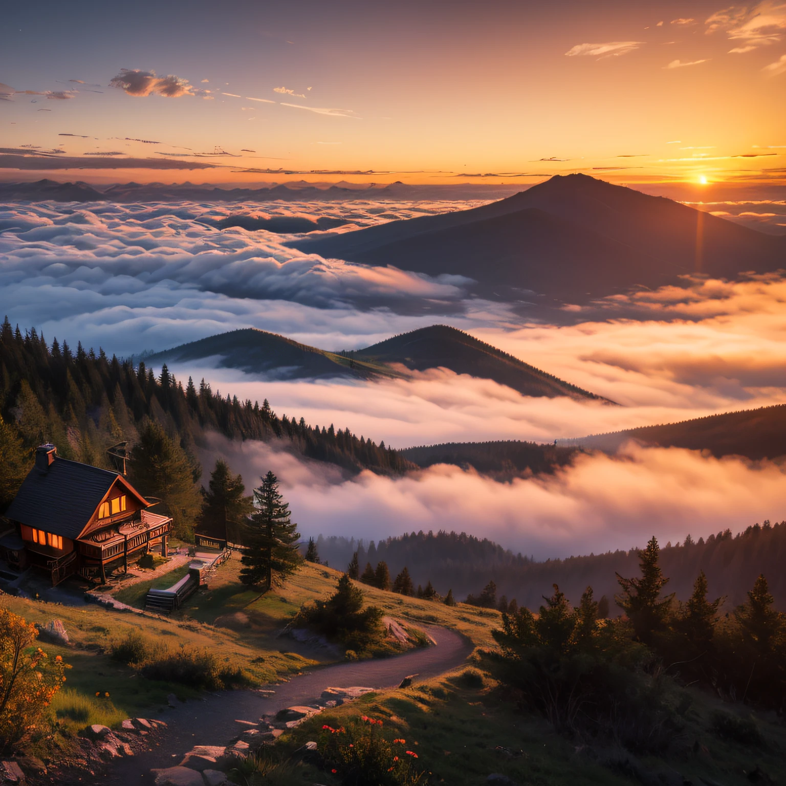 Mountain Cabin near the summit, Mountain Cabin and sea of clouds, (the moment of sunset, Orange sky), (Masterpiece), (Best Quality), (Ultra high Detailes)