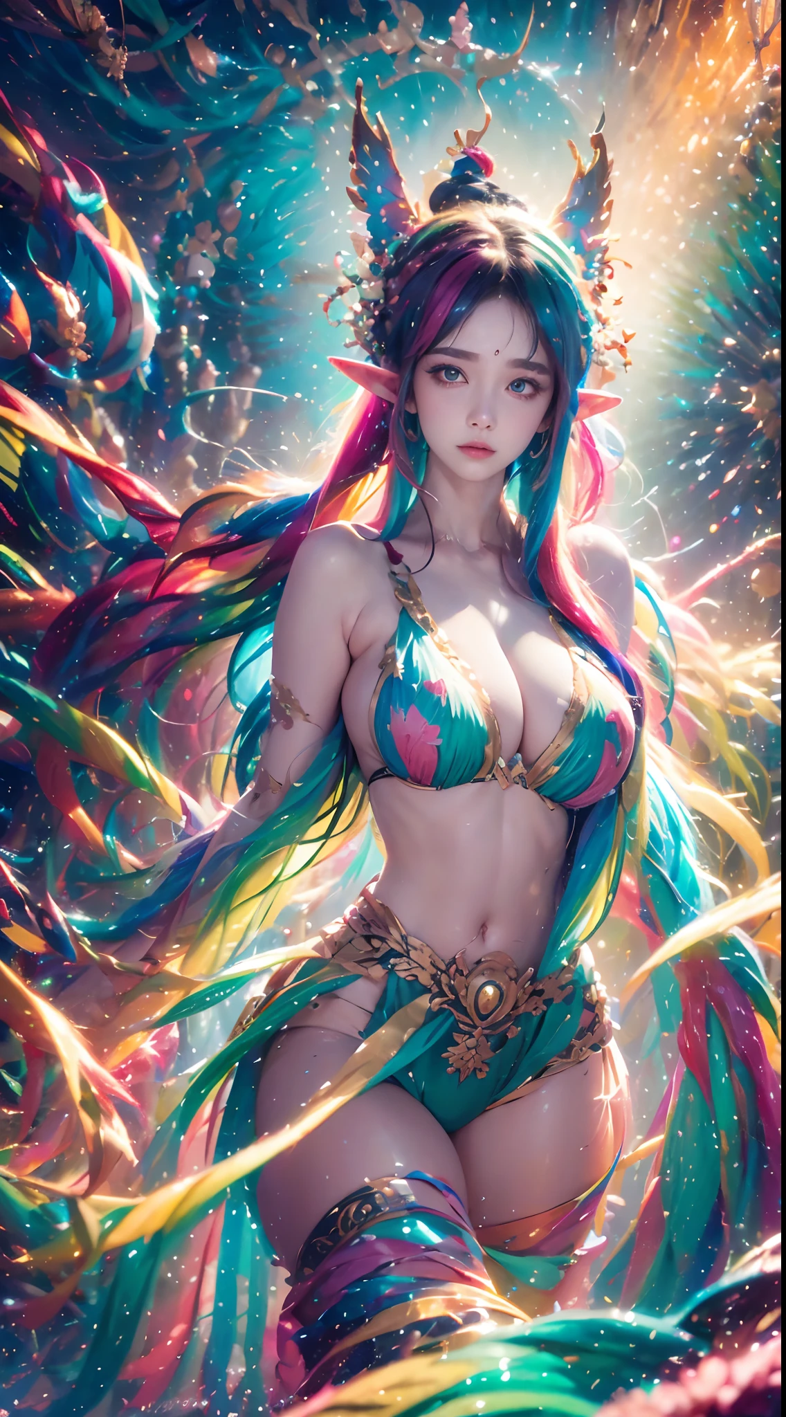 ( Absurd, High quality, Ultra-detailed, Masterpiece, concept-art, smooth, high detail artwork, Hyper-realistic painting , high resolution, paint splatter, colored splashing, Splash of Ink, colored splashing), (( Rainbow hair)),elf, Plum elf, plum , Transparent fairy wings, wearing only his underwear，huge tit，low chest，fairytale-like, Romantic, Vivid, Whole body,hand behind back，Malu，largeeyes，（Eye focus），Cosmic eyes，Space eyes，looking to the camera，In nature with waterfalls，PureErosFace_V1，Urzang-6500-V1 Edition, Edition, Edition, Edition.1，