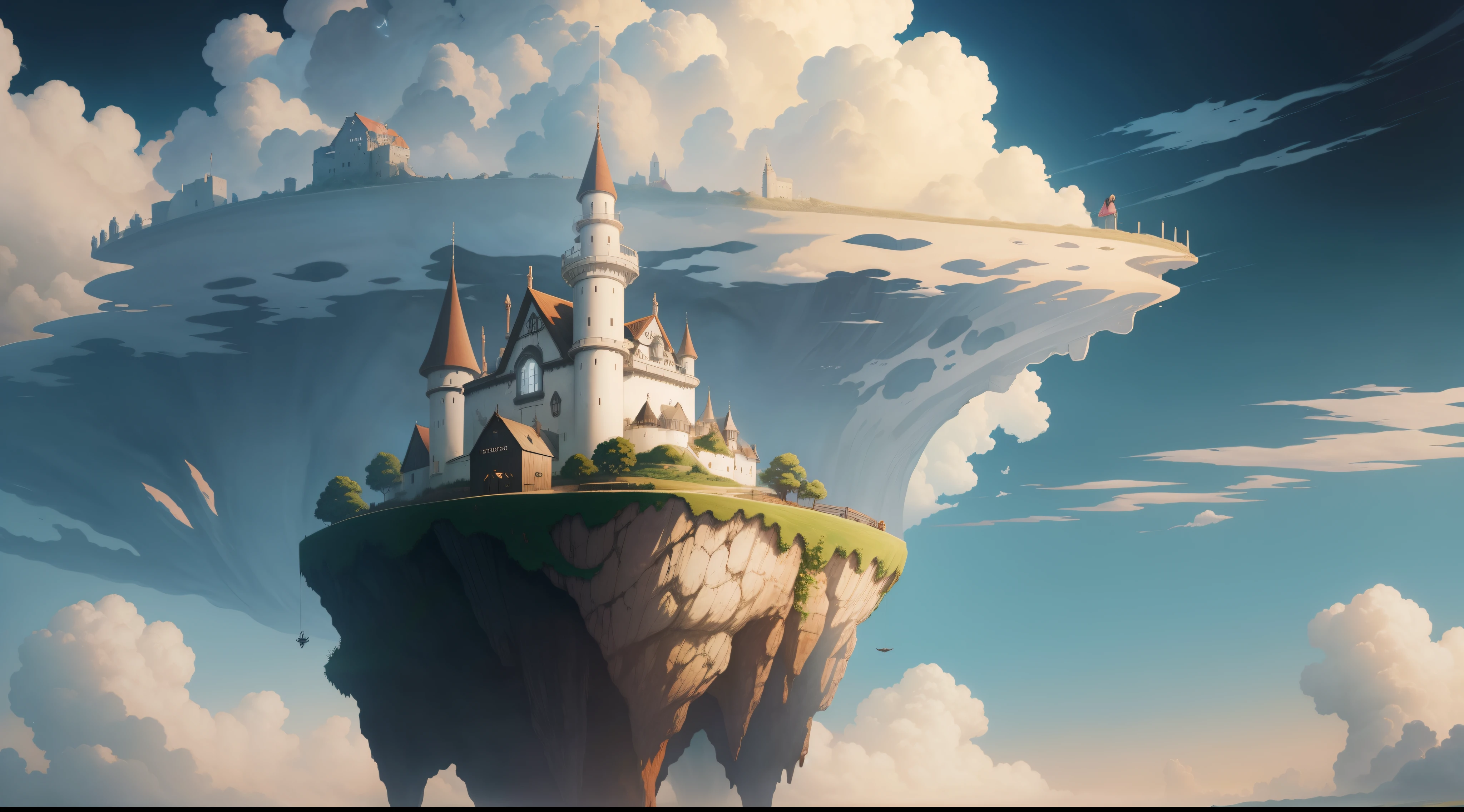 she's just a simple girl working on a farm. she lives in hard times., it's the dark ages. , crazy world, floating islands, cloud castle, (best quality:1.3), (highres:1), (detailed:1.3), (incredible:1.3), (perfect:1.3), (perfection:1.3), (volume cover art:0), (illustration:1.3), art by studio ghibli