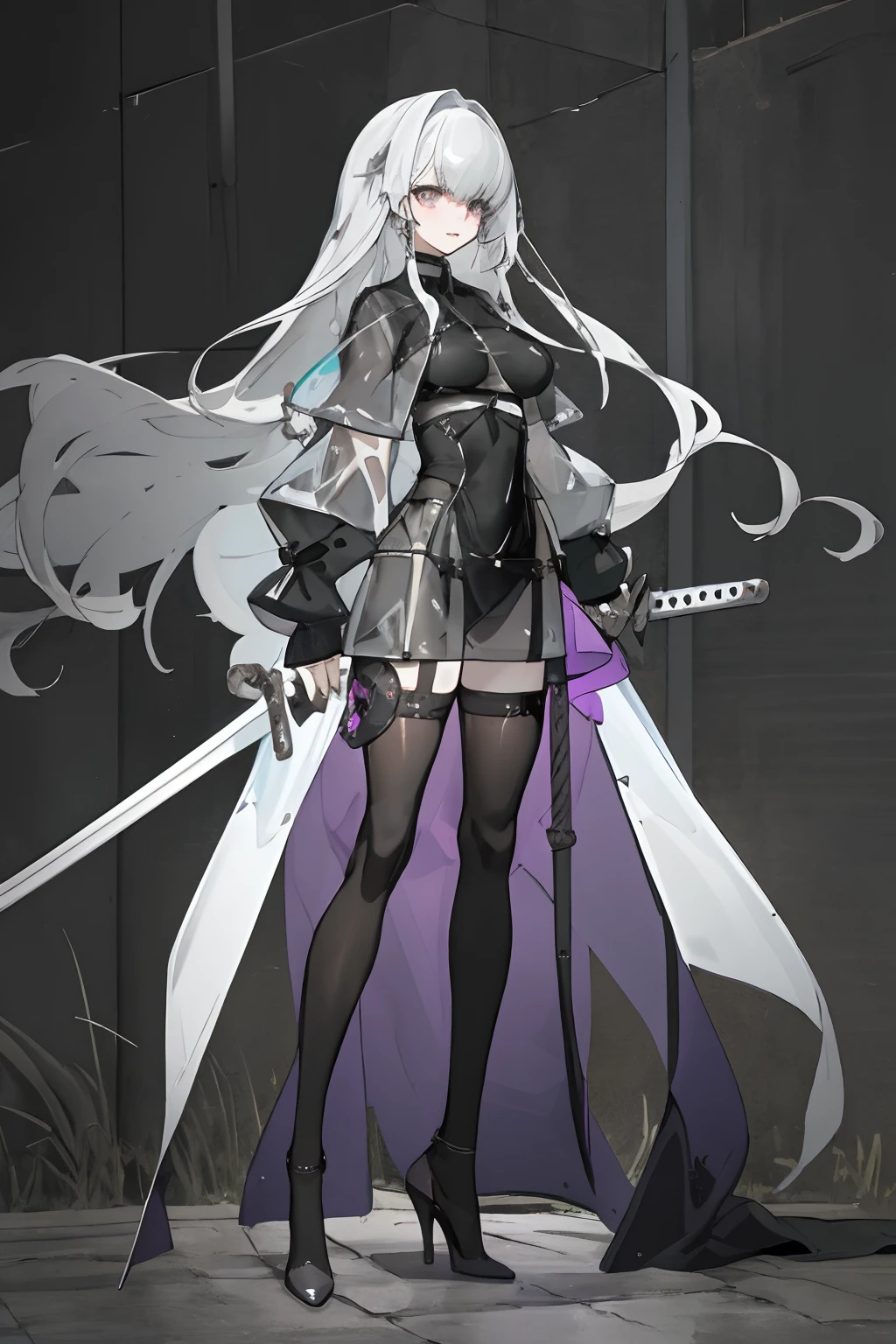 long whitr hair,Bigboobs,plumw,Long sword,see-through raincoat,black lence stockings,high-heels