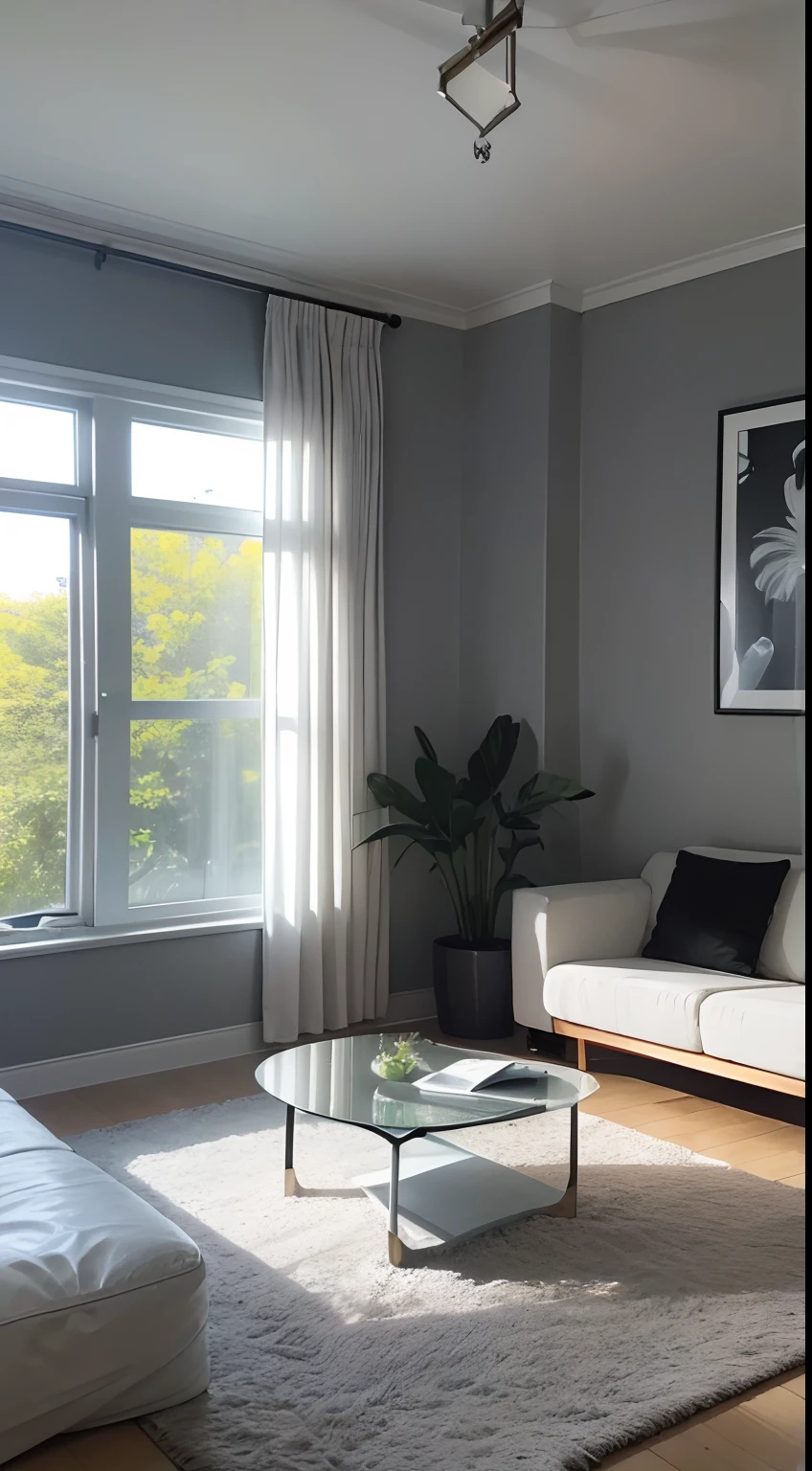 tmasterpiece，best qualtiy，（（best qualtiy）），（tmasterpiece），（realisticlying）（Bright colors：1.2），symetrical composition,Bright tones，No Man，Simple lines and large areas of white walls create the brightness of the space。Above the dark gray carpet strips,It is a combination of a gray cloth sofa for three and a glass coffee table。Curtains are black and white panes,Sunlight shines through it,Form a pattern on the ground。A few pots of green plants were placed in front of the window,The interior of the house is decorated in black、blanche、Grey predominantly。，Fundo sala de estar