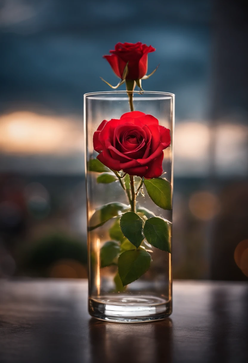 1 rose in a glass beaker, a closeup of a,  A cloudy day, ray of light,  window, Blurred background with bokeh,  higly detailed, A hyper-realistic,