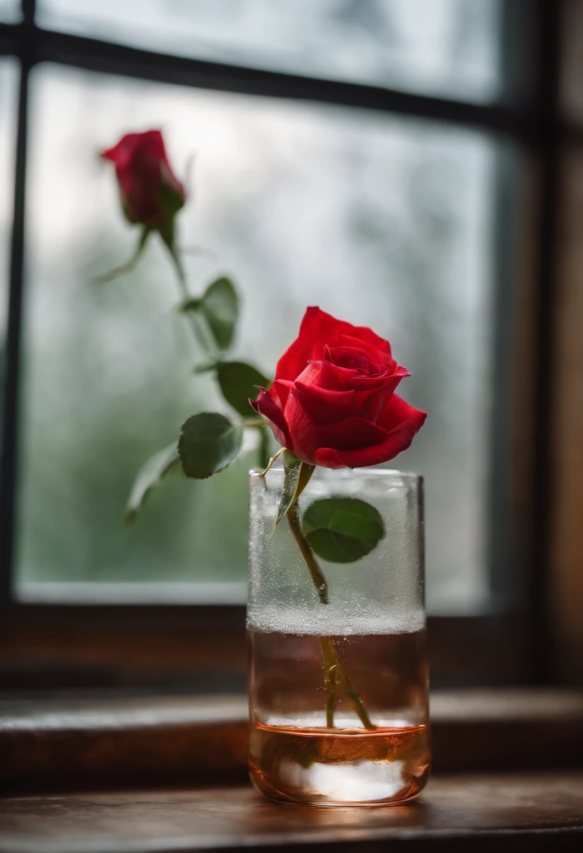 1 rose in a glass beaker, a closeup of a, A cloudy day, ray of light, window, Blurred background with bokeh, higly detailed, A hyper-realistic,
