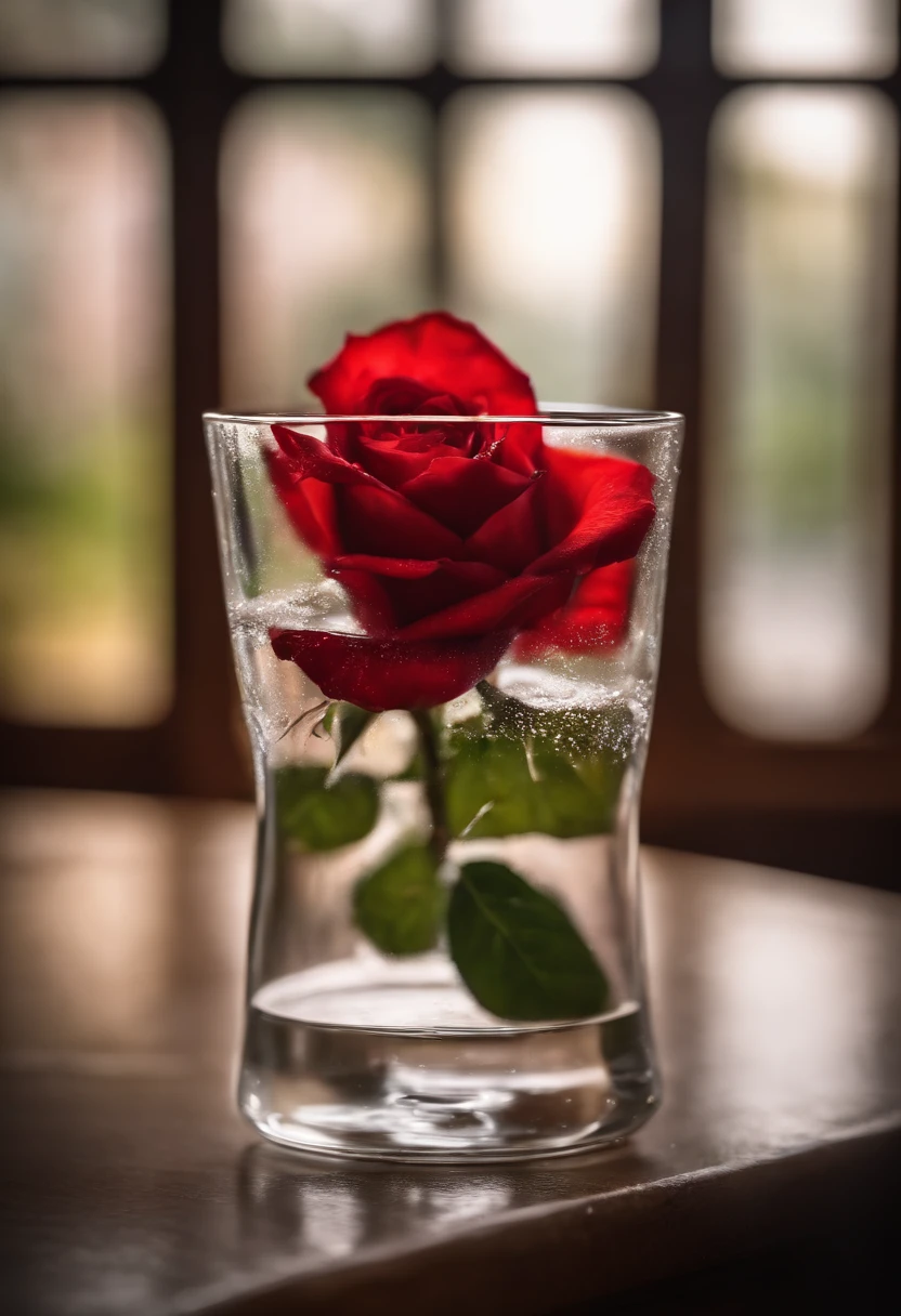 1 rose in a glass beaker, a closeup of a,  A cloudy day, ray of light,  window, Blurred background with bokeh,  higly detailed, A hyper-realistic,