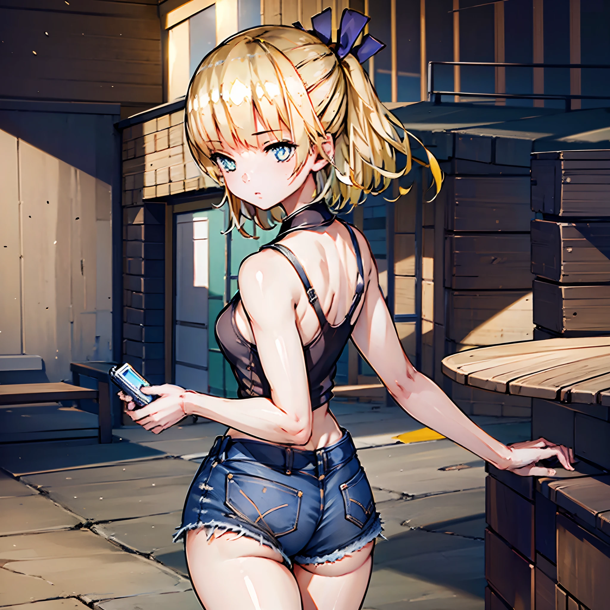 ((1girl in))、​masterpiece, top-quality, (the Extremely Detailed CG Unity 8K Wallpapers), (top-quality), (The best illustrations), (Best Shadows), absurderes, Realistic lighting, (abyss), beautiful detailed brilliance,cute blonde girl、cute  face、elegant sleek smooth body、full body Esbian、Short bob hair、a blond、blue eyes、Black tank top、Denim shorts