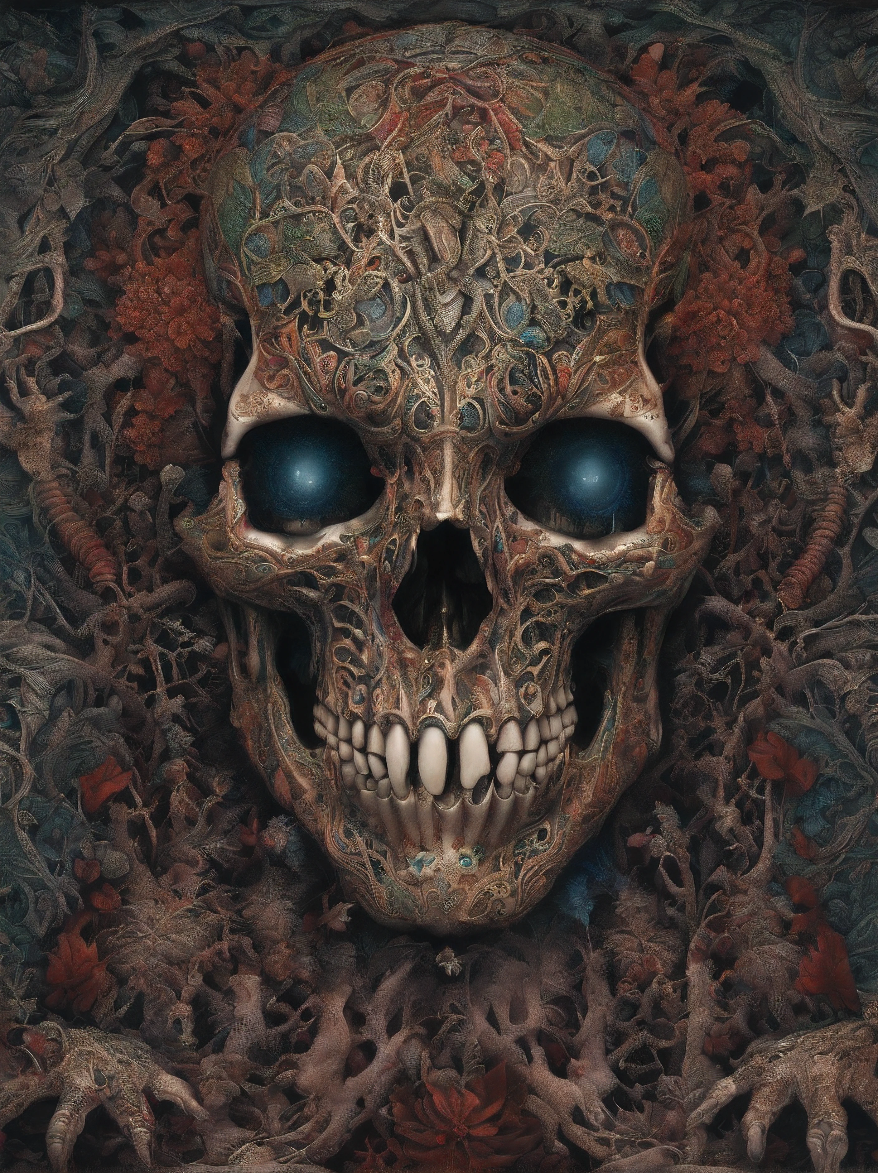 (Masterpiece, Best Quality: 1.2), Ultra Detailed, highest detail, (Body horror: 1.4), (Biomachine: 1.3), (bloody: 1.2), Living Being, (Colorful: 1.2), A lot of hands, (zentangle: 1.2), Skull box, nine inch nails