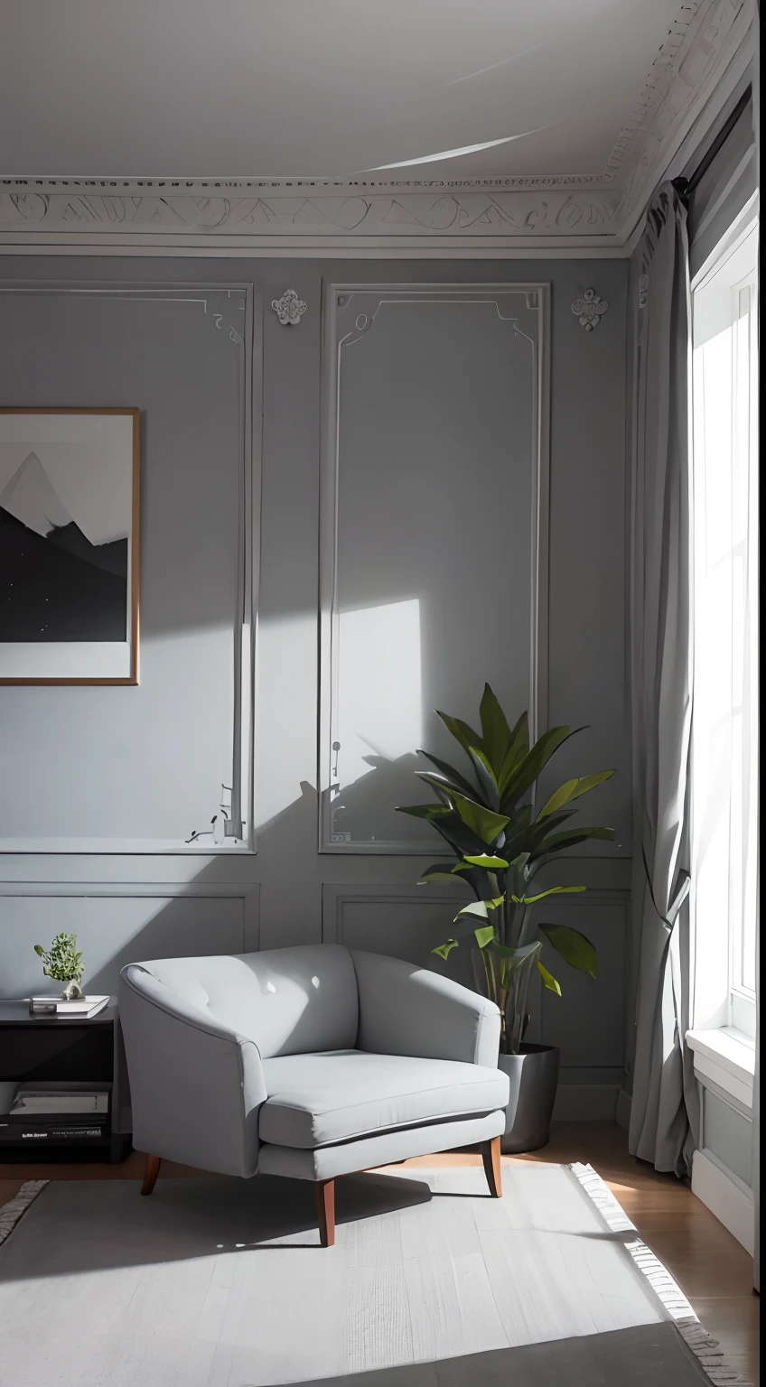 tmasterpiece,best qualtiy,((best qualtiy)),(tmasterpiece),(realisticlying)(Bright colors:1.2),symetrical composition,Bright tones,No Man,Simple lines and large areas of white walls create the brightness of the space。Above the dark gray carpet strips,It is a combination of a gray cloth sofa for three and a glass coffee table。Curtains are black and white panes,Sunlight shines through it,Form a pattern on the ground。A few pots of green plants were placed in front of the window,The interior of the house is decorated in black、blanche、Grey predominantly。,Fundo sala de estar