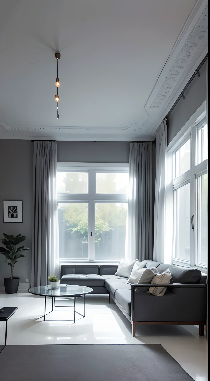 tmasterpiece，best qualtiy，（（best qualtiy）），（tmasterpiece），（realisticlying）（Bright colors：1.2），symetrical composition,Bright tones，No Man，Simple lines and large areas of white walls create the brightness of the space。Above the dark gray carpet strips,It is a combination of a gray cloth sofa for three and a glass coffee table。Curtains are black and white panes,Sunlight shines through it,Form a pattern on the ground。A few pots of green plants were placed in front of the window,The interior of the house is decorated in black、blanche、Grey predominantly。，Fundo sala de estar