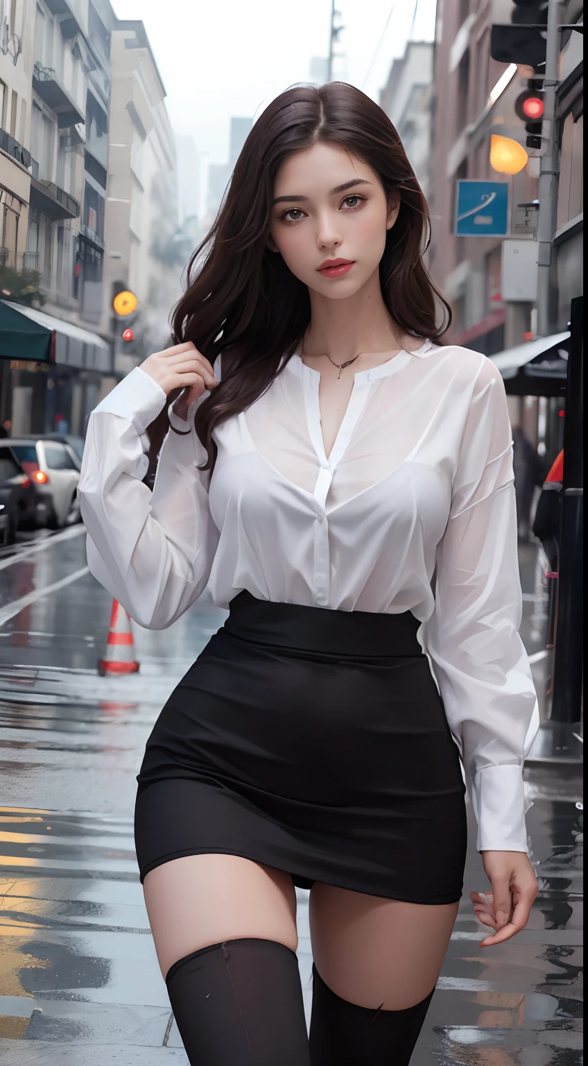 ((Realistic lighting, Best Quality, 8K, Masterpiece: 1.3)), Focus: 1.2, 1girl, Perfect Beauty: 1.4, Slim Abs: 1.1, (Big Breasts), (White Shirt: 1.4), (Outdoor, Night: 1.1), City Street, Super Fine Face, Fine Eyes, Double Eyelids, (Over the Knee Black Stockings: 1.5), (Wet in the Rain, Wet: 1.2)