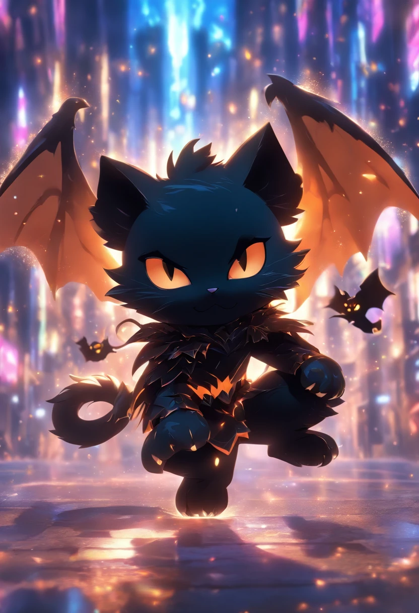 (Absurdres:1.2), exquisitely detailed chibi black kitten with 2 black bat wings, ethereal, fall, maple leaves, glitter orange roses, dark glimmer, dapper mouse, Shimmer, approaching perfection, ultra-high quality, bokeh, shadows, dynamic angle, Luminous Studio graphics engine, bioluminescent lighting, volumetric lighting, 8k resolution, illustration