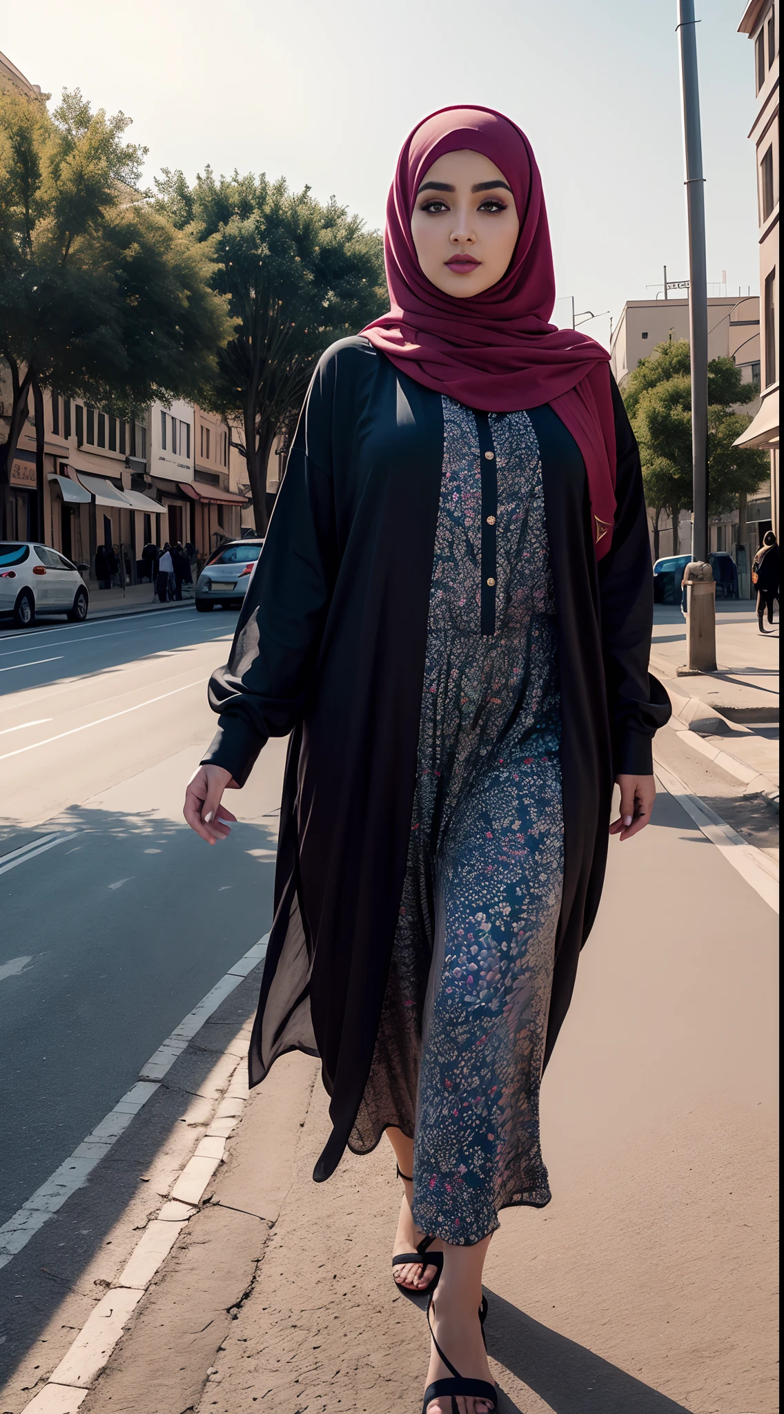 (aesthetic power,realistic,hypnotizing)sexy thicc cute saudi milf,beautiful detailed eyes,beautiful detailed lips,extremely detailed eyes and face,longeyelashes,abaya,walking on a street, vibrant colors,natural lighting,portraits,aesthetic scenery,ultra-fine painting,highres,photorealistic