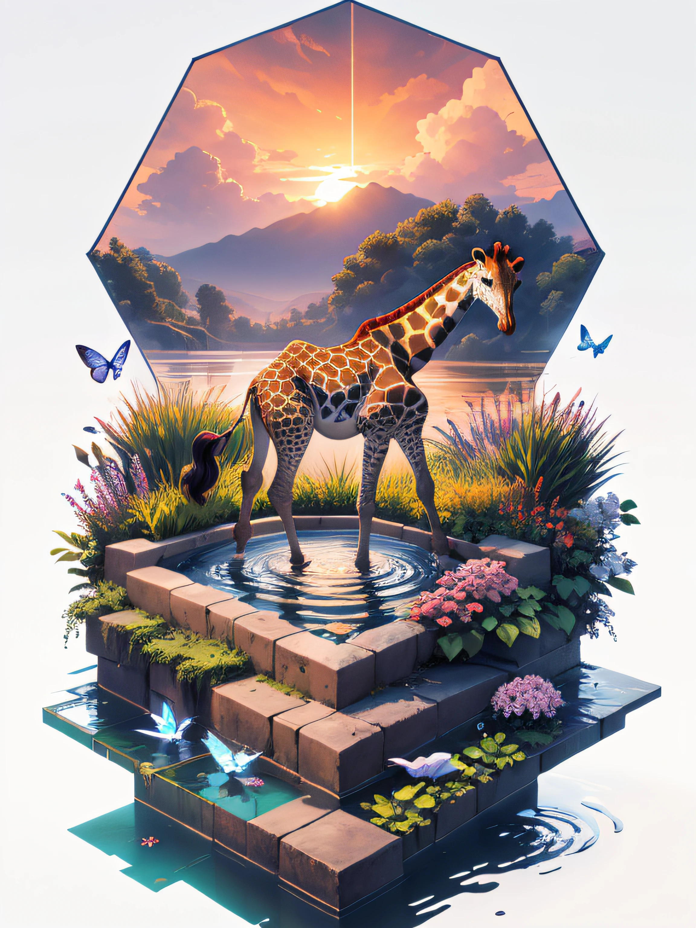 (((masterpiece))),best quality,[(white background:1.5),::5] hexagon, (isometric:1.2), jet, butterflies, flowers,floating petal, peaceful water,cloud, sunset, garden, giraffe
