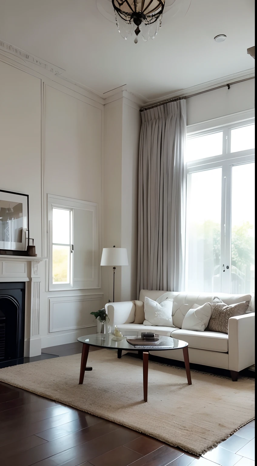 tmasterpiece,best qualtiy,((best qualtiy)),(tmasterpiece),(realisticlying)(Bright colors:1.2),symetrical composition,Bright tones,No Man,Living room
White walls and wooden floors,In the middle is a black fabric sofa,In front is a glass coffee table。There is a simple clock hanging on the wall,The floor is covered with a round brown carpet。The curtains are white tulle,Sunlight shines through the window,Illuminates the entire space。,Fundo sala de estar