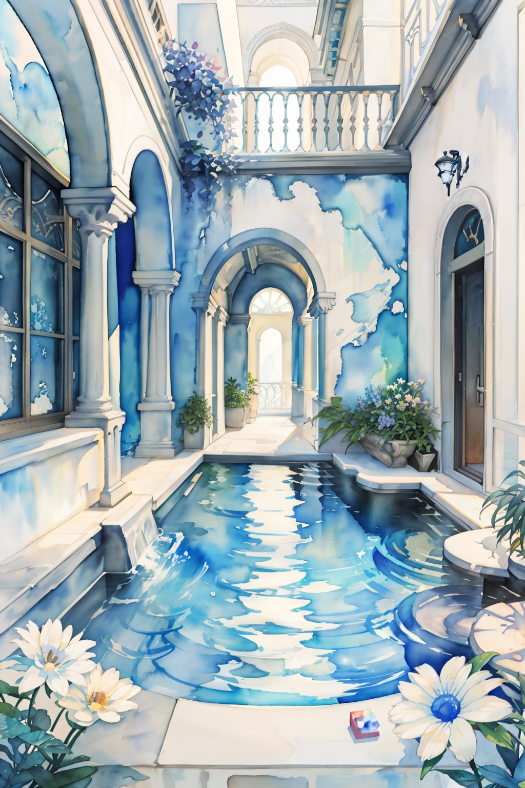 there is a drawing of a courtyard with a pool and a balcony, a pool inside the giant palace, interior background art, detailed watercolor, a beautiful artwork illustration, detailed watercolor painting, watercolor detailed art, architectural illustration, beautiful illustration, detailed watercolour, beautiful artist rendering, water temple, masterful detailed watercolor, fantasy water color, architectural painting, beautiful rendering, watercolor illustration