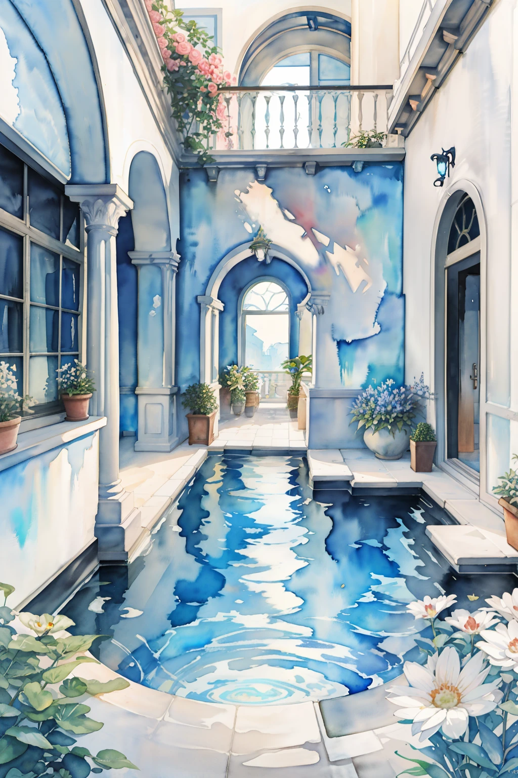 there is a drawing of a courtyard with a pool and a balcony, a pool inside the giant palace, interior background art, detailed watercolor, a beautiful artwork illustration, detailed watercolor painting, watercolor detailed art, architectural illustration, beautiful illustration, detailed watercolour, beautiful artist rendering, water temple, masterful detailed watercolor, fantasy water color, architectural painting, beautiful rendering, watercolor illustration