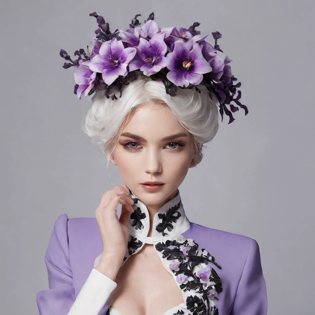 Masterpiece, Best quality, A high resolution, HMSL1, horned headwear, hair flower, x hair ornamen, , purple jacket, flower, Long sleeves, Open clothes, Black bow, sleeves past wrists, Skirt, Embrace flowers，flower bouquet，purpleish color