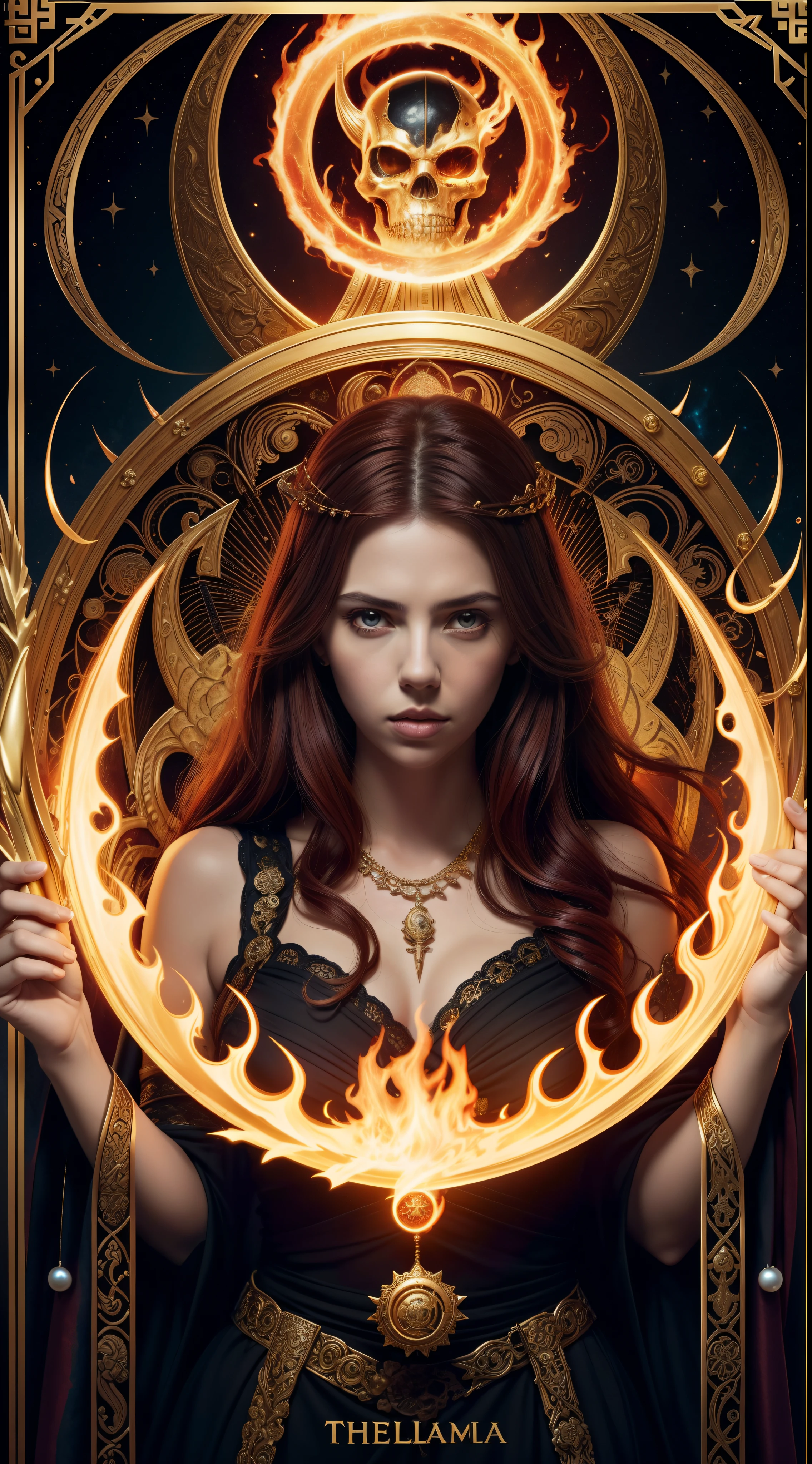 tarot cards,Full tarot border,(The image is surrounded by a tarot card-style border:1.8), (Elongated head)scarlettJohansson (Scarlett Johansson) A portrait of a 32-year-old,,Hades,(Wearing:black toga,Armed with a giant scythe,),Great giants,angry look,(Hairstyles: with curly red hair,),Roman mythology,8k wallpaper,finely quality eyes,Right eyes,correct hand, Ultra-detailed, Beautiful and aesthetically pleasing, tmasterpiece, best qualityer, (s fractal art: 1.3), erupting volcano, extremely detaile, dynamic angle, Cowboy shot, The most beautiful forms of chaos, elegant, Fauvistdesign, vivd colour, romanticism lain, hell, Buble, shells, Blood, pearls,magma,火焰, Libra, skulls, Hold the giant scythe,Vintage style,(zentangle,datura,Tangles,entangled), (s fractal art: 1.3),holy rays,gold foil,Gold leaf art,glitter drawing,Full tarot border,(Full border 1.5),Fang Yi,(The border is centered at 1.8),delicated face,Correct body structure,(theelementoffire:1.4),Composed of fire elements,Highly realistic,posing elegantly,Transparency,Sci-fi lighting effects,dress,Flame,hoang lap,climaxing,by looking down from above,