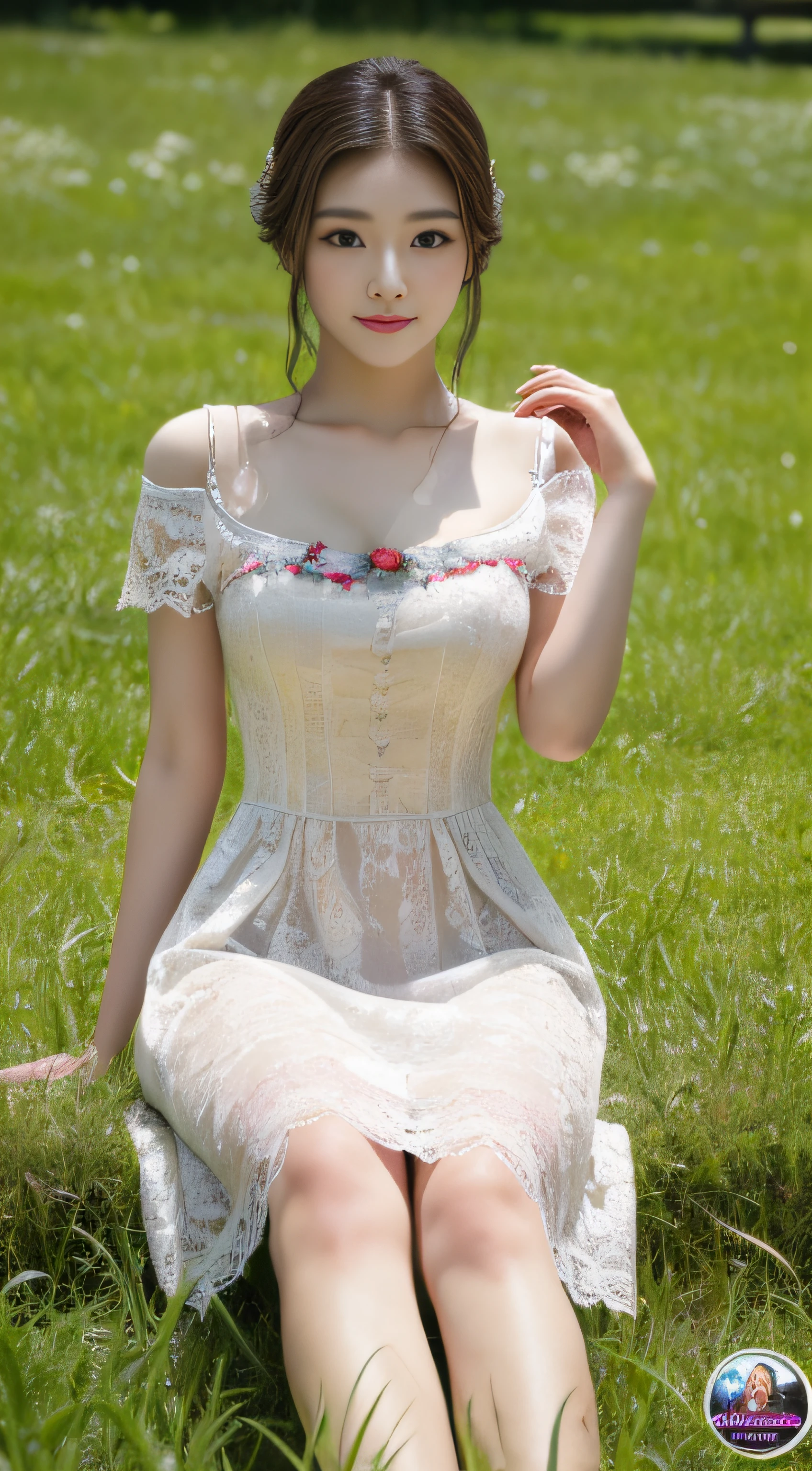 Masterpiece,A high resolution,camping,Prairie lakes,1 21-year-old Korean beauty,beautidful eyes,Slumped on the grass facing the audience,Place your hands behind your waist,Trimmed with cream lace,Embroidered silk dress,Coiled hair,The barefoot, (Perfect oversized, Concave and convex crotch,Attractive dynamic poses), Highly detailed skin texture, Sharp Focus 1.2, Cute beauty with flawless body 1.4,Uncensored, Detailed
