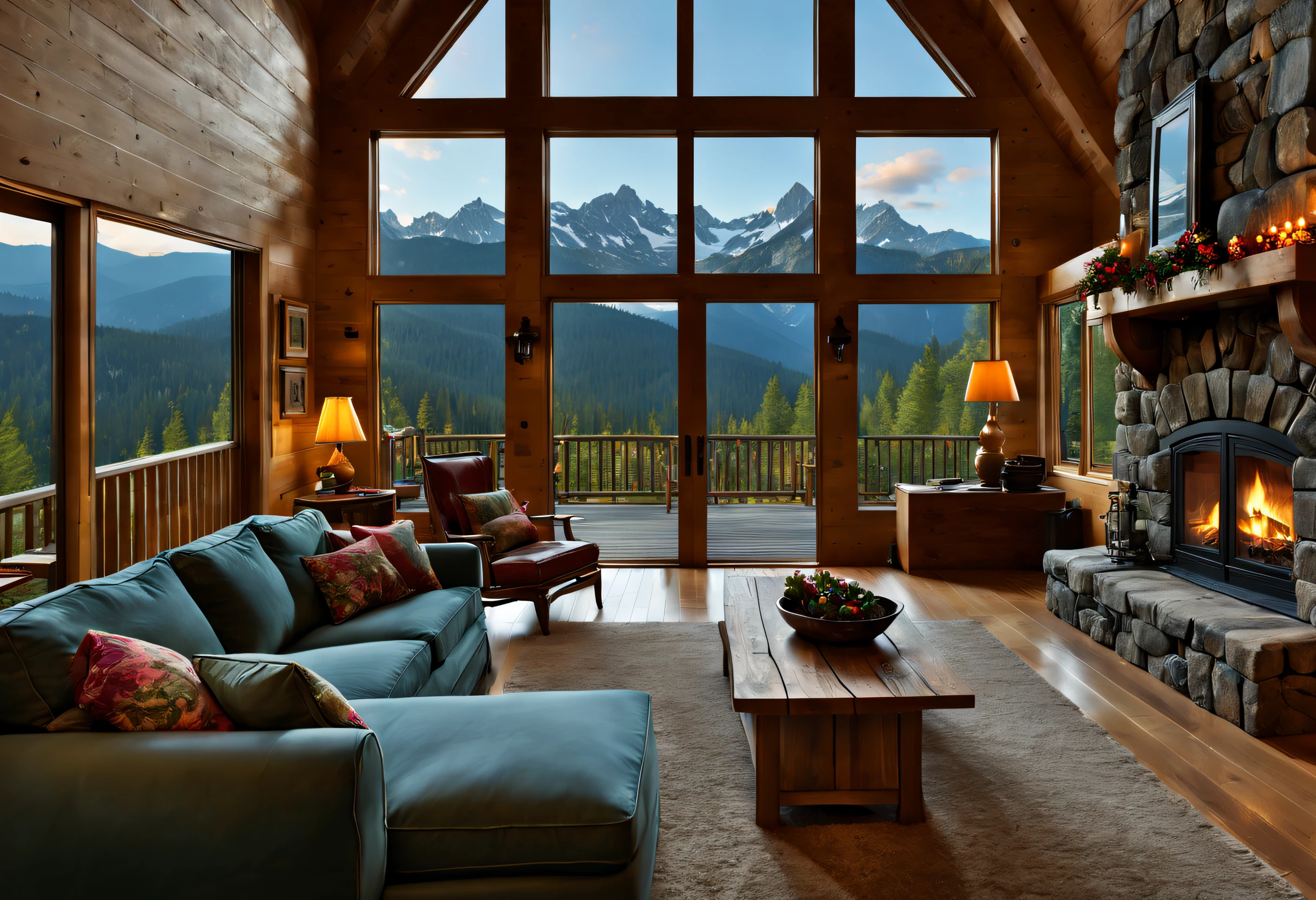 (best quality,4k,8k,highres,masterpiece:1.2),ultra-detailed,(realistic,photorealistic,photo-realistic:1.37),Mountain Cabin,cozy cabin,wooden cabin surrounded by mountains,serene atmosphere,great attention to detail,peaceful setting,panoramic view of the mountains and forest,secluded location,large windows with breathtaking views,quaint and rustic design,smoke coming out of the chimney,warm and inviting ambiance,crackling fireplace,comfy furniture,soft and warm lighting,tranquil colors,natural materials,wood paneling,beautifully landscaped garden with colorful flowers and plants,clear blue sky,fresh air,gentle breeze,rustling leaves,quietude and serenity,hiking trails,nature exploration,adventure,hideaway,escape from the busy city life,perfect place for relaxation and meditation.