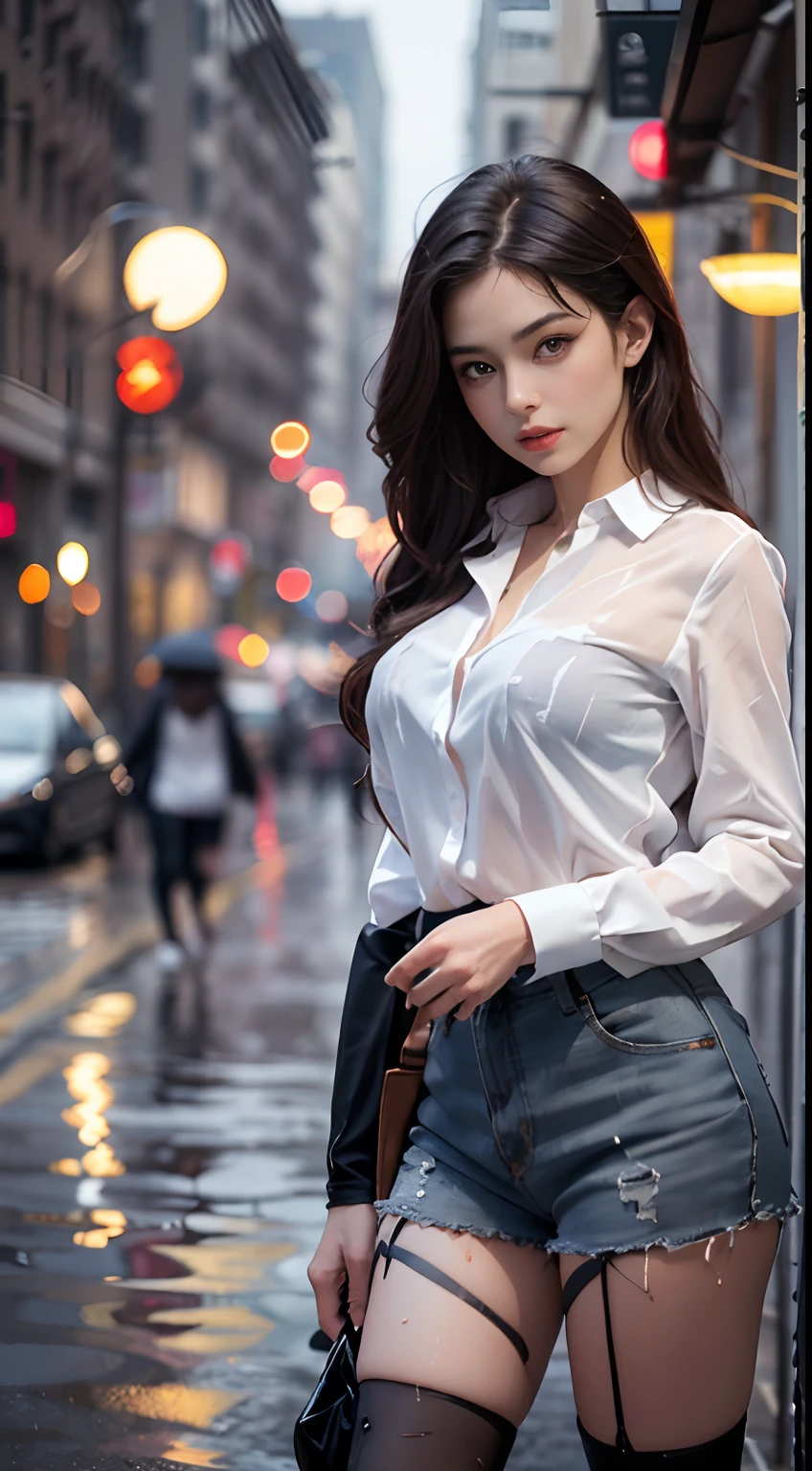 ((Realistic lighting, Best Quality, 8K, Masterpiece: 1.3)), Focus: 1.2, 1girl, Perfect Beauty: 1.4, Slim Abs: 1.1, (Big Breasts), (White Shirt: 1.4), (Outdoor, Night: 1.1), City Street, Super Fine Face, Fine Eyes, Double Eyelids, (Over the Knee Black Stockings: 1.5), (Wet in the Rain, Wet: 1.2)