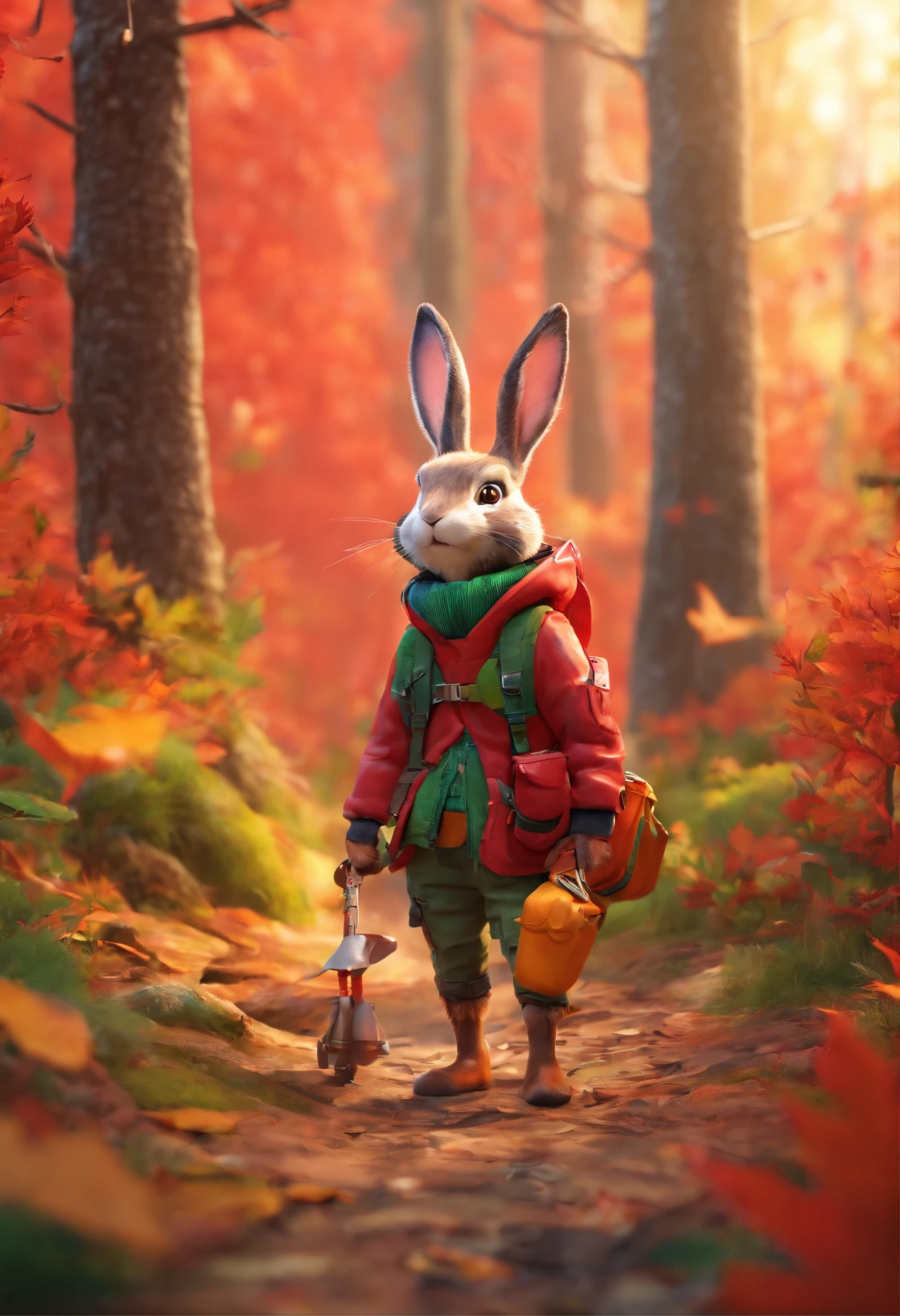 3D rendering of (A photo of an adventurous rabbit sister standing on a path between the autumn leaves), hairy, Clear and beautiful face, Big green bright eyes, (Binoculars hanging from her chest:1.37), Sister Bunny is wearing a green fashion adventure outfit,green shorts, Red hiking boots on his feet, , cute ears, Red and green camping hats, (Stylish sunglasses:1.37), Carry a green shoulder bag with you, trowels, camping equipment, A compass associated with many adventure tools,
Curious to explore expressions, Cartoon, 4D, Fox,
Background: Autumn Leaf Forest Trail Red Forest, autumn forest, red illuminating fog, In a red dream, really beautiful forest, Beautiful forest, Beautiful hazy wood, Red shade spray, Breathable and beautiful trees, breath-taking beautiful trees, red fog, beautiful forests and trees, Bright but dark red, red trees,{{Masterpiece}},{{{Best quality}}},{{Ultra-detailed}}, {{{illustration}}},{{Disheveled hair}},concept art of character,Game scene graph,Clear facial features,close up photograph,Photography,postapocalyptic,Masterpiece,archviz/building rendering,Quixel Megascans Render,corona rendered,rendering by octane,v-ray,High detail,hyper qualit,high resolution,trending on artstationh,hyper photorealism,surrealism,HD,8K tilt shift,Long shot,Split Lighting,