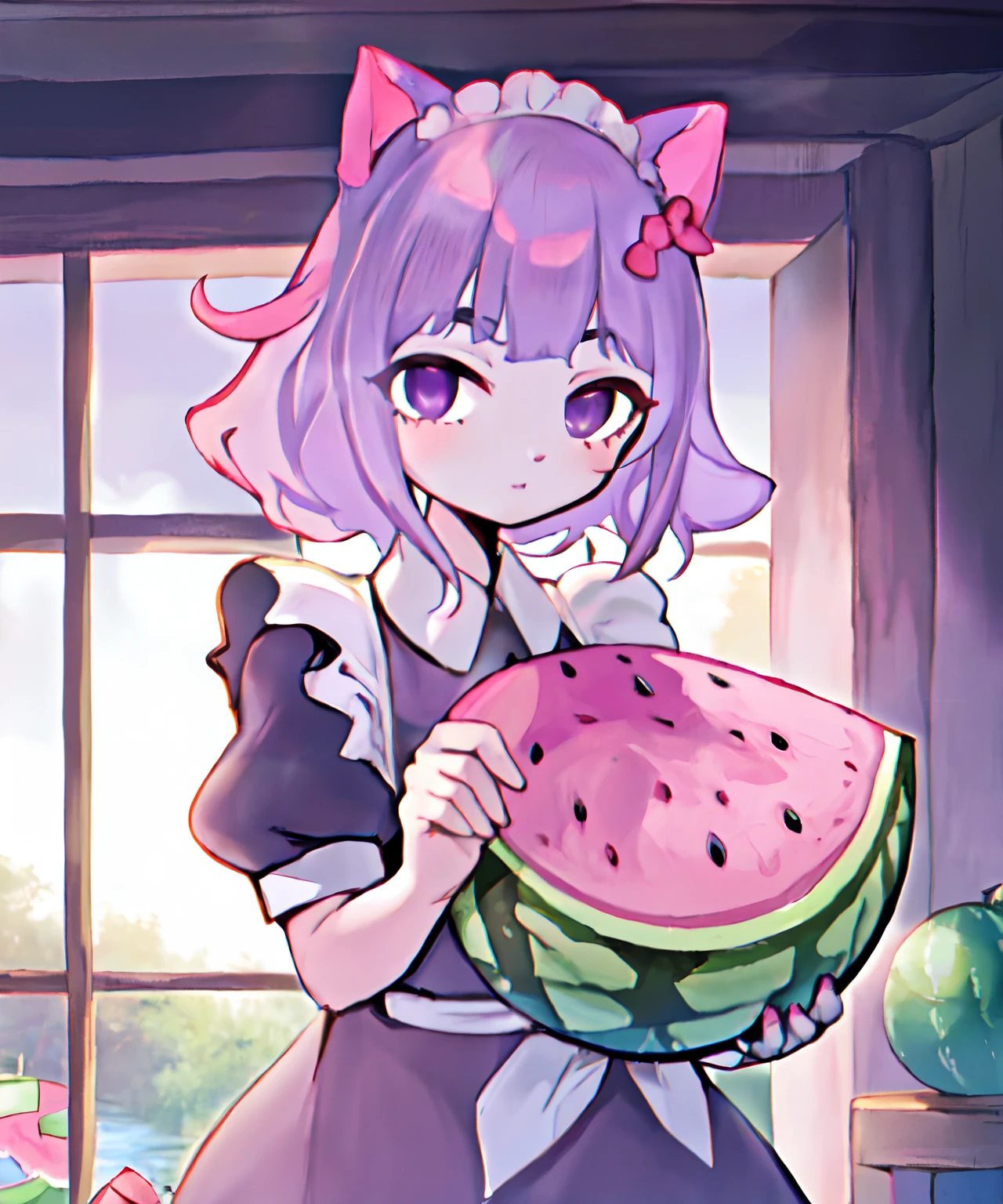 beautiful, masterpiece, best quality, masunya, cat ears, (purple skin color:1.1), maid dress, holding watermelonm highres 4k, intricately detailed