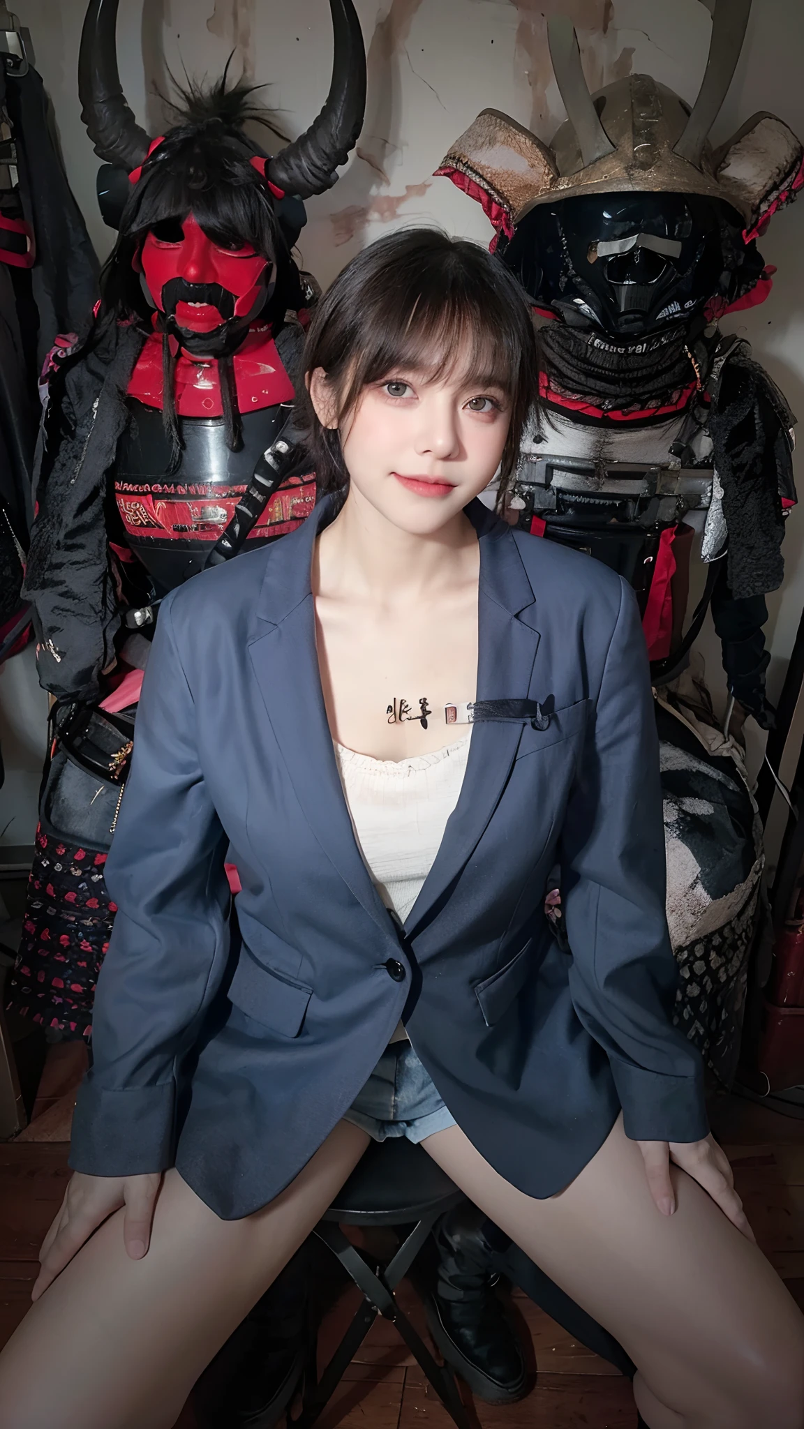Top quality, Masterpiece, 超高分辨率, (Realistic, : 1.4), Original photo, (True skin texture: 1.3), (filmgrain: 1.3), in a panoramic view, Portrait, Very wide lens, Narrow waist, cowboy lens, (bangs, Inconspicuous, Cold light,) Night, Close-up, Tears, Short hair, neck long, ears sticking out, bangs, Big eyes, Brightly Colored Eyes, In the house, Dust, Tindall effect, (Facial expression), Sitting, (hitting a wall), Crying, Frowning, (Looking down), Nervousness, Tears, smiling happily
one girl, eyes and face with beautiful details, White jabot, pink dark V, Brown eyes,