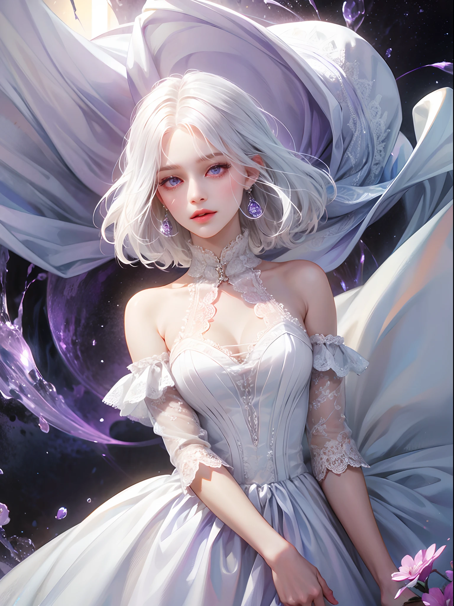 a women, white hair, purple eyes, white dress