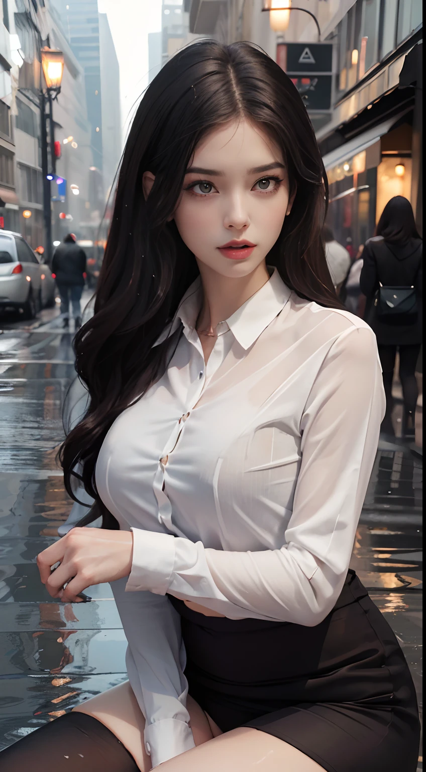 ((Realistic lighting, Best Quality, 8K, Masterpiece: 1.3)), Focus: 1.2, 1girl, Perfect Beauty: 1.4, Slim Abs: 1.1, (Big Breasts), (White Shirt: 1.4), (Outdoor, Night: 1.1), City Street, Super Fine Face, Fine Eyes, Double Eyelids, (Over the Knee Black Stockings: 1.5), (Wet in the Rain, Wet: 1.2)