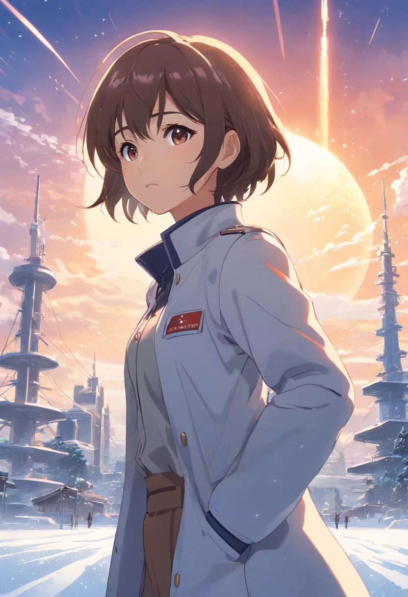 Ring World,Science fiction,sci fi  movie,artillery,Long-range missiles,Based on the Film Foundation ,woman,Adult,The protagonist,28 years old,Hopeful faces,Brown eyes,Short hairstyle,brunette color hair，White-gray,Scientist uniform,White researcher coat,Open meadow,rebel,chaos,epcot,Socialist world,Snow,chaos