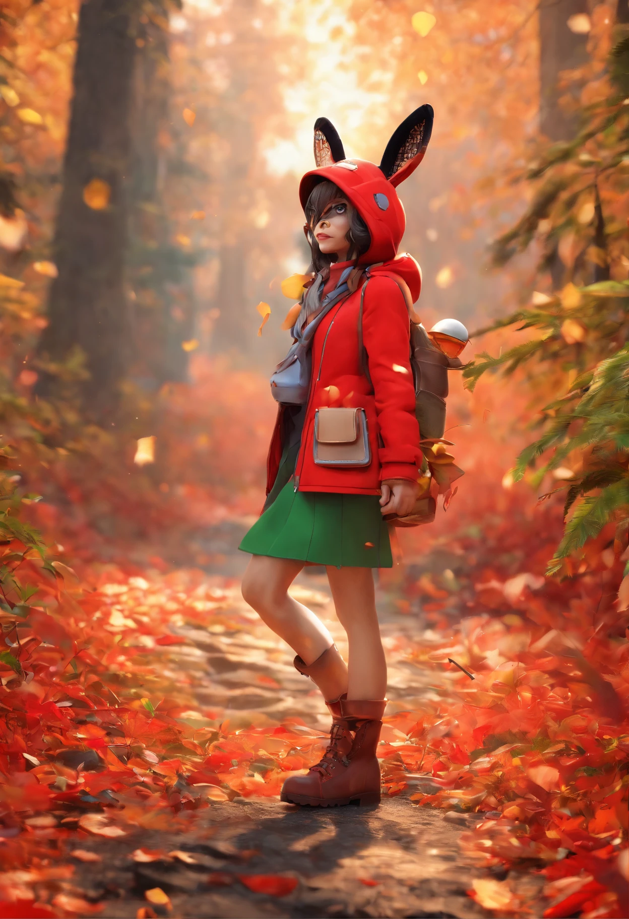 3D rendering of (A photo of an adventurous rabbit sister standing on a path between the autumn leaves), (Binoculars hanging from her chest:1.37),hairy, (fashionable sunglasses:1.37),Clear and beautiful face, Big green bright eyes, ), Sister Rabbit wears a green fashion adventure outfit,green shorts, Red hiking boots on his feet, , cute ears, Red and green camping hats, , Carry a green shoulder bag with you, trowels, camping equipment, A compass associated with many adventure tools,
Curious to explore expressions, Cartoon, 4D, Fox,
Background: Autumn Leaf Forest Trail Red Forest, autumn forest, red illuminating fog, In a red dream, really beautiful forest, Beautiful forest, Beautiful hazy wood, Red shade spray, Breathable and beautiful trees, breath-taking beautiful trees, red fog, beautiful forests and trees, Bright but dark red, red trees,{{Masterpiece}},{{{Best quality}}},{{Ultra-detailed}}, {{{illustration}}},{{Disheveled hair}},concept art of character,Game scene graph,Clear facial features,close up photograph,Photography,postapocalyptic,Masterpiece,archviz/building rendering,Quixel Megascans Render,corona rendered,rendering by octane,v-ray,High detail,hyper qualit,high resolution,trending on artstationh,hyper photorealism,surrealism,HD,8K tilt shift,Long shot,Split Lighting,