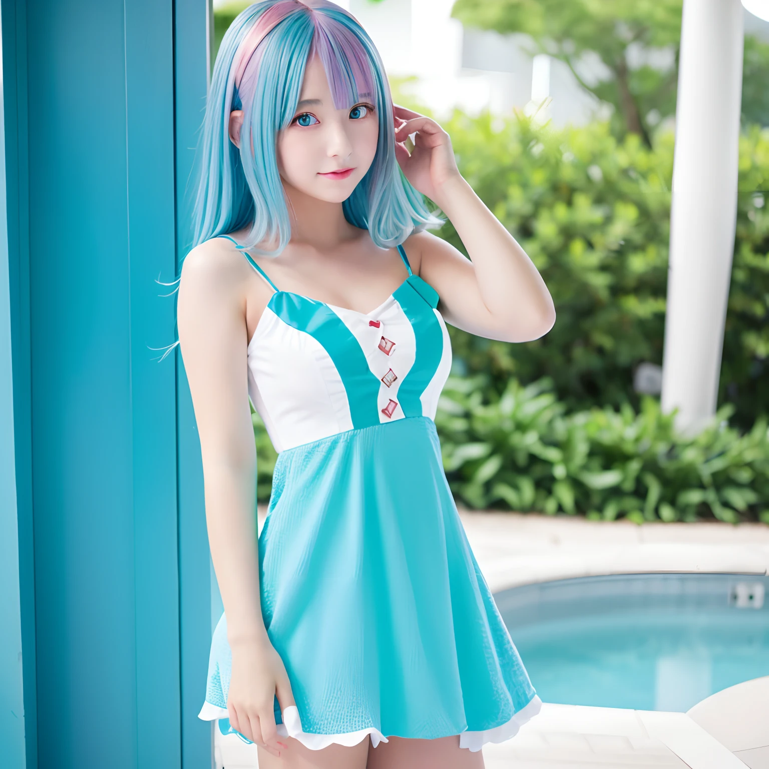 Girl with colored hair,little chest,Cyan eyes,Mini dress with white shorts